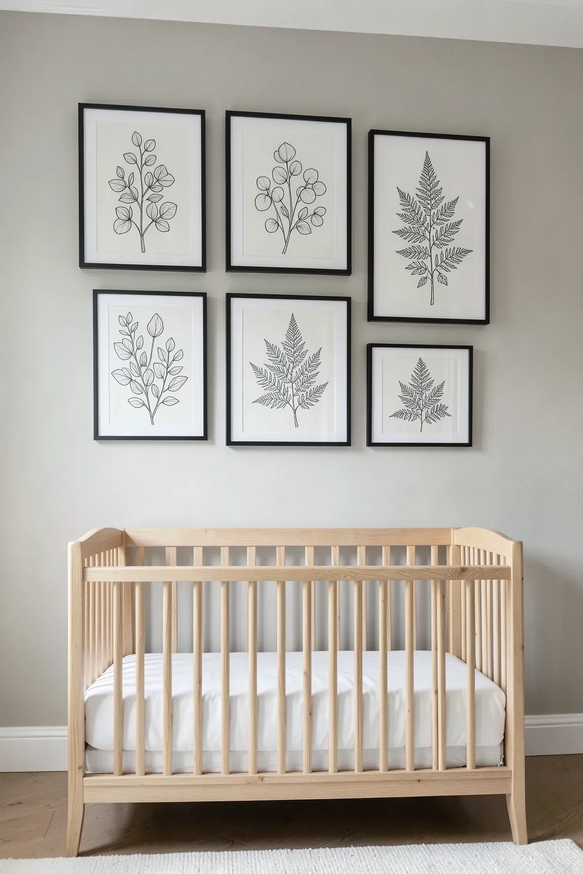 Framed botanical line art prints hanging above a crib in a calm, neutral baby bedroom.