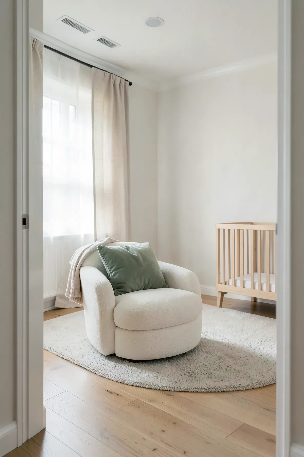 A calm neutral nursery with a sage green pillow on a cream glider chair.