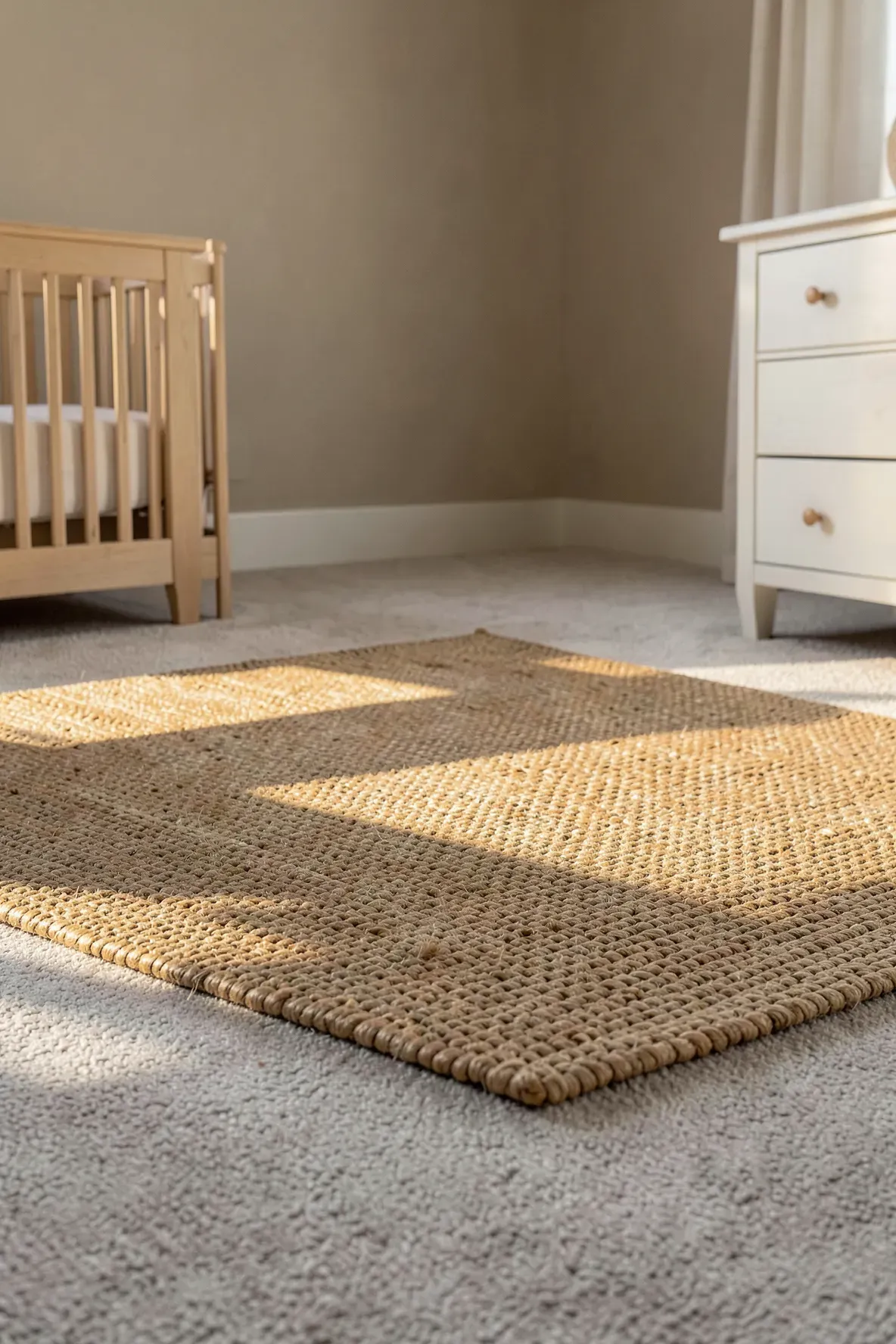 A textured tan jute rug layered over a soft cream carpet in a neutral nursery.