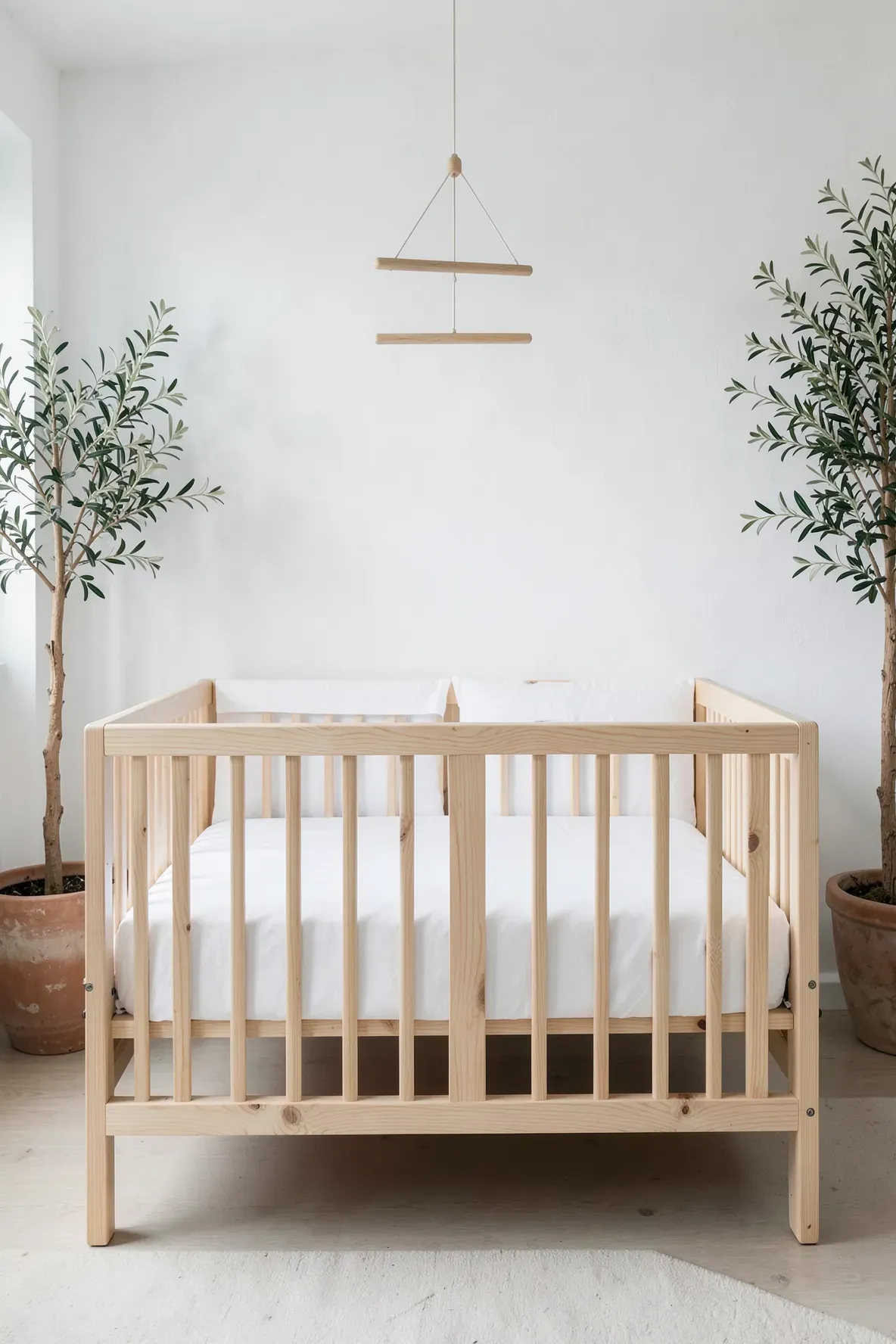 An unfinished pine wood crib with white bedding in a bright, clean nursery.