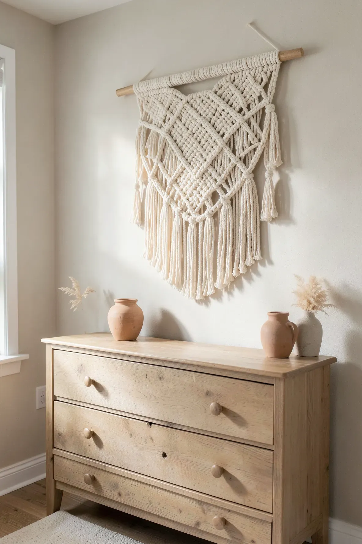 An off-white macramé wall hanging above a wooden dresser in a neutral baby room.