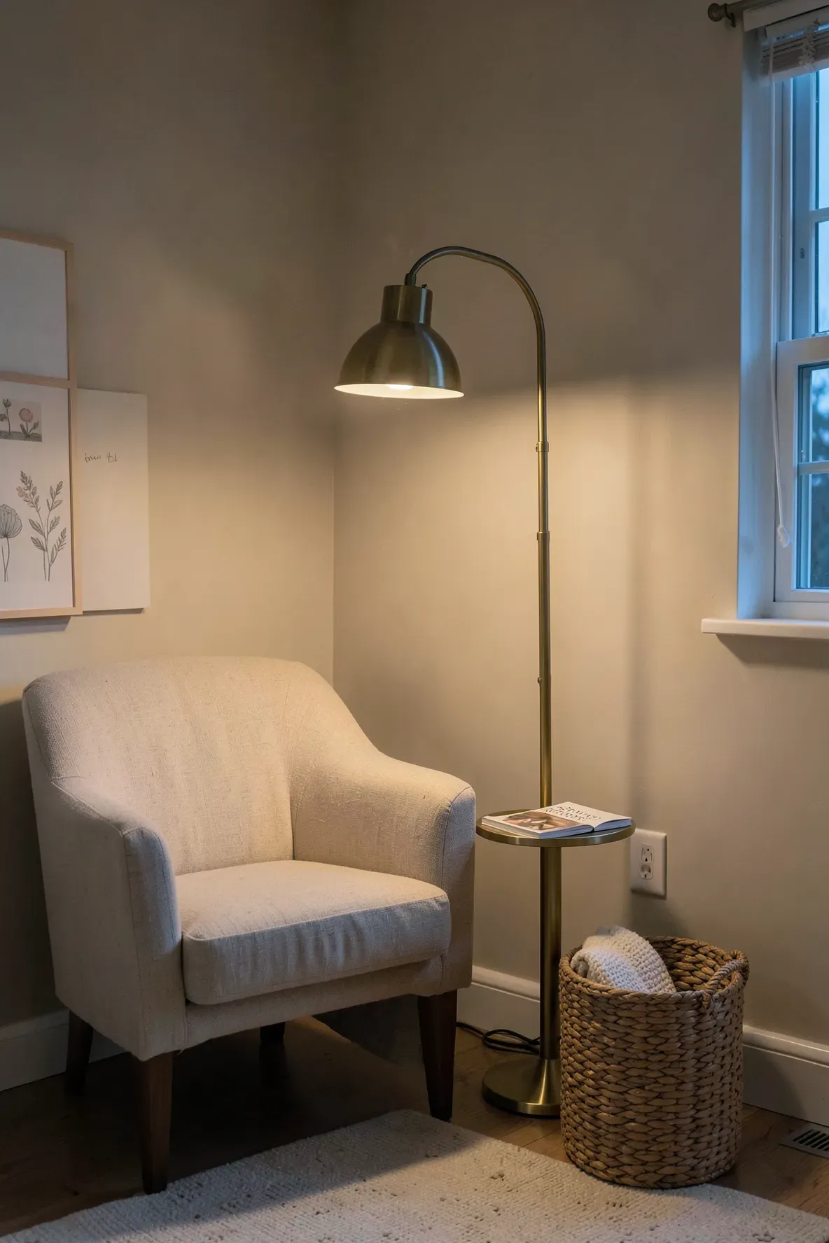 A slim vintage brass floor lamp next to a linen chair in a warm neutral nursery.