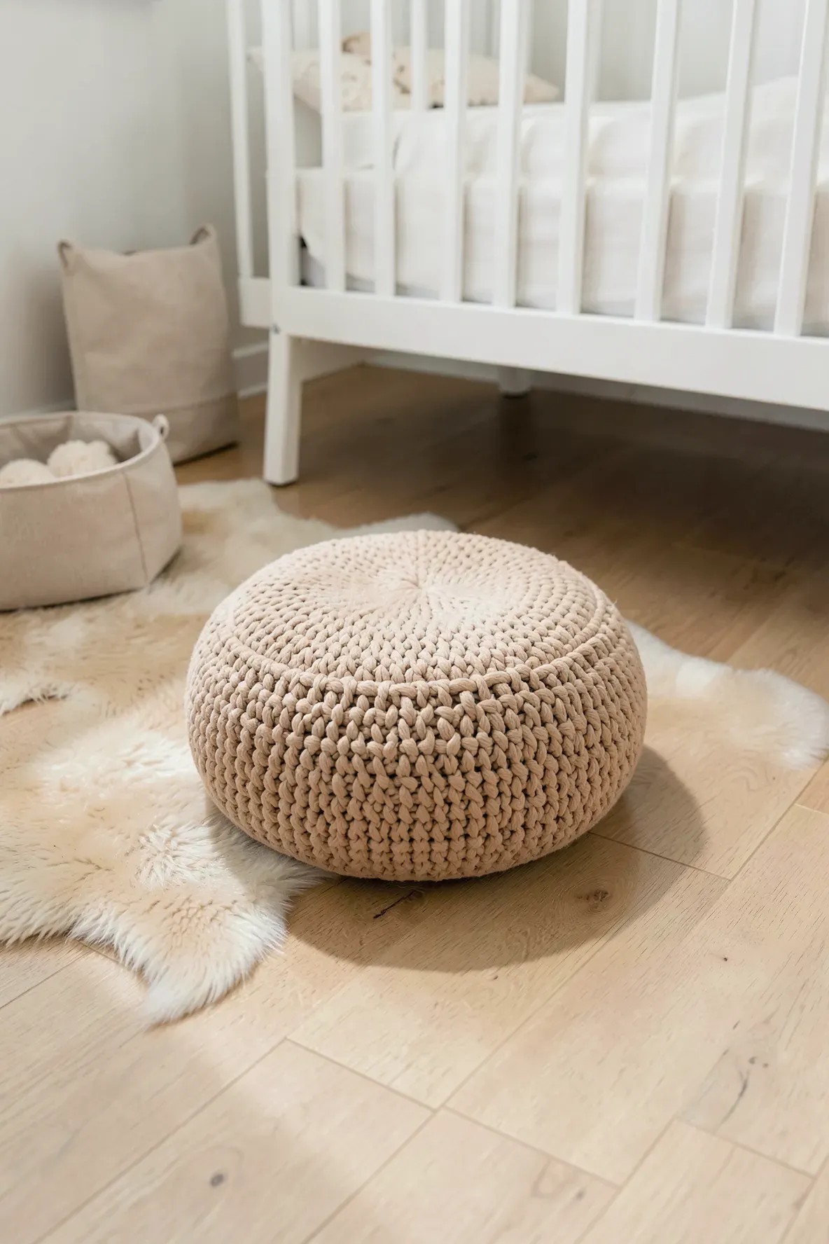 A round sand-colored knitted pouf on a light wood floor in a neutral nursery.