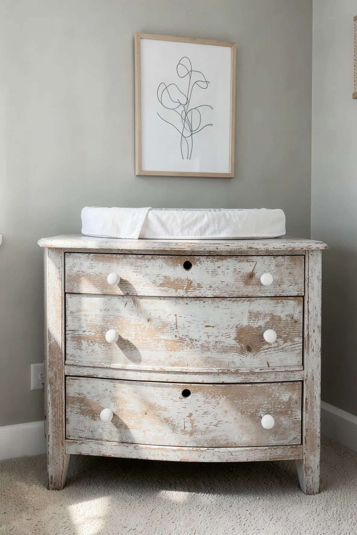 A distressed wood dresser with white ceramic knobs in a calm neutral baby room.