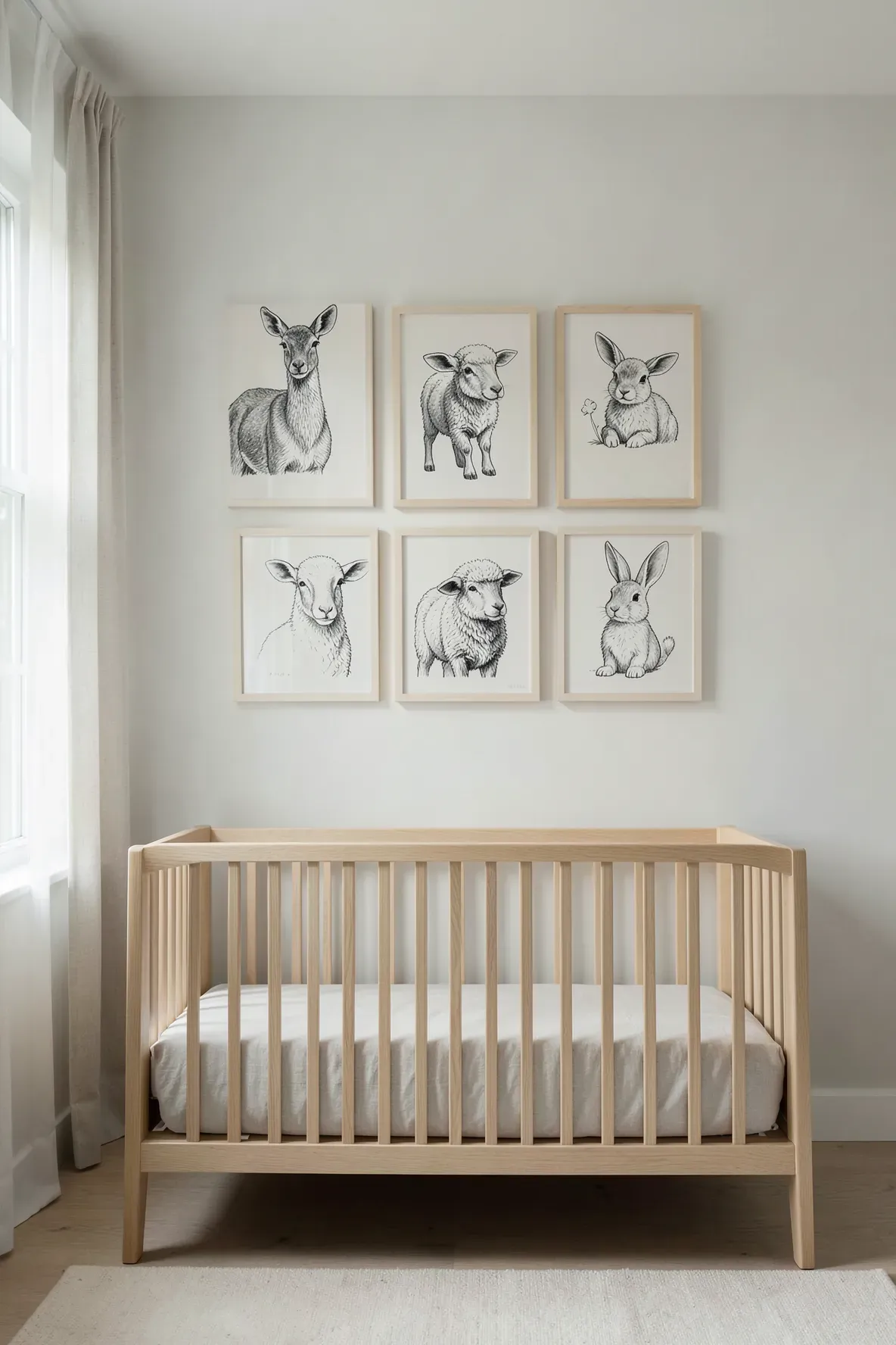 Minimalist charcoal sketches of a fawn and bunny hanging on a cream wall above a light wood crib.