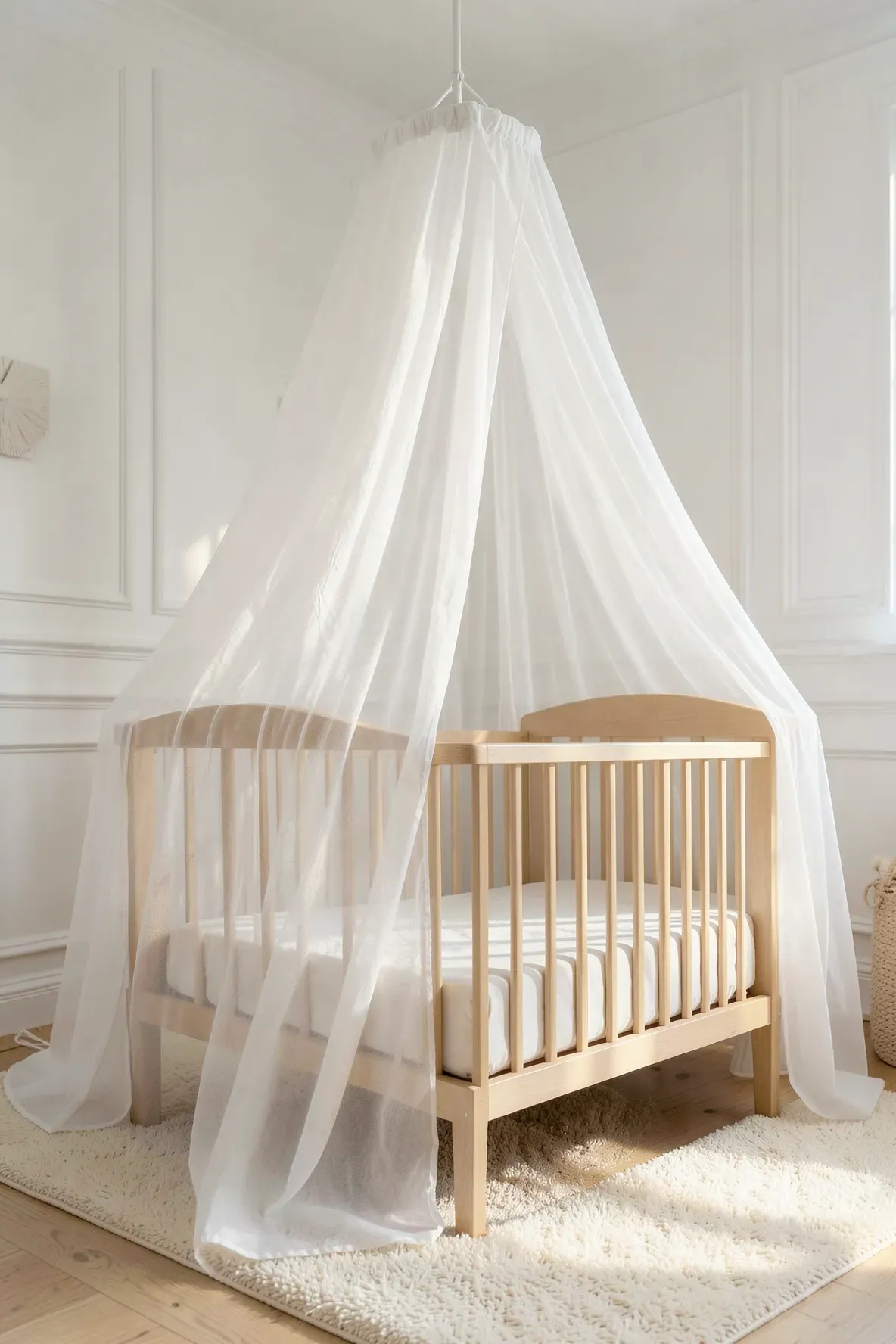 A delicate white sheer canopy hanging from the ceiling over a modern wooden crib in a bright room.