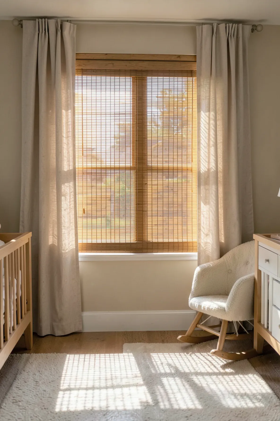 Natural bamboo blinds on a nursery window casting soft, dappled light onto a neutral-colored wall.