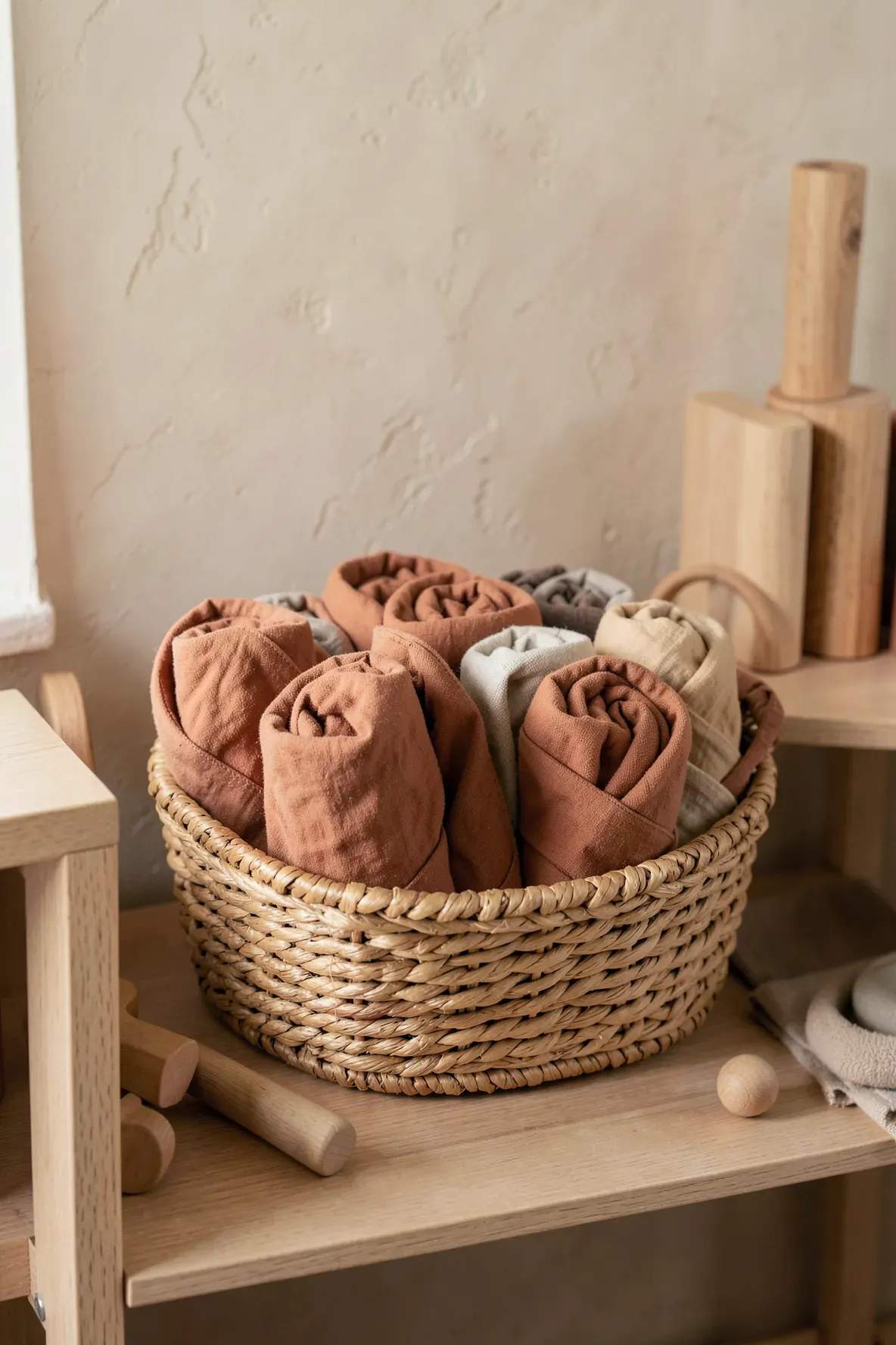 Rolled muslin swaddles in terracotta and clay colors neatly arranged in a woven basket on a shelf.
