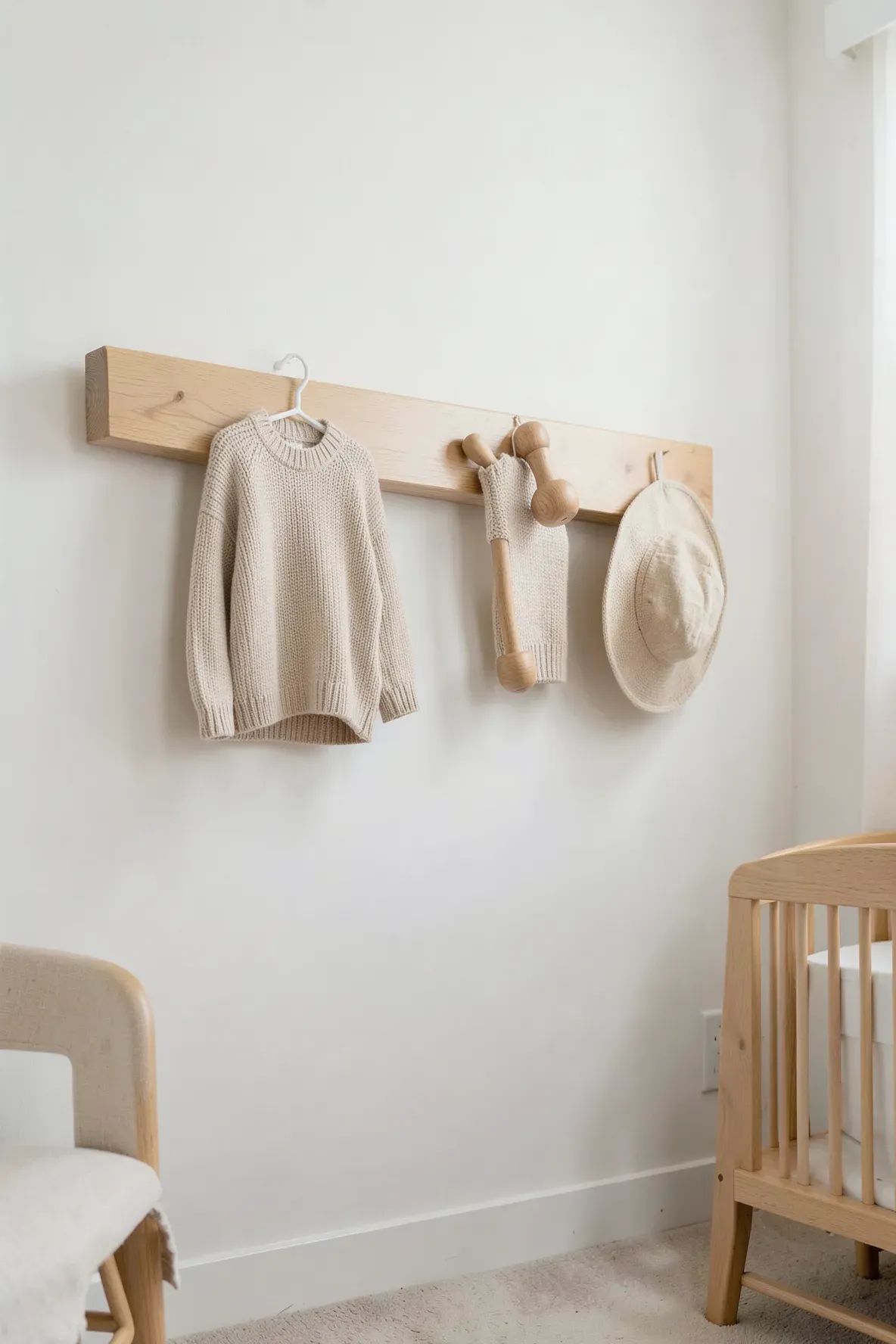 A simple wooden peg rail on a white wall holding a small knit sweater and a wooden toy.