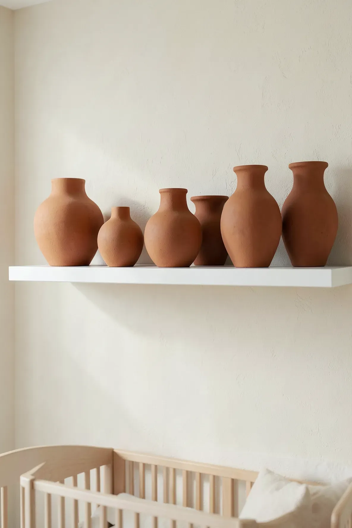 Three matte terracotta vases of different sizes on a white floating shelf in a neutral nursery.