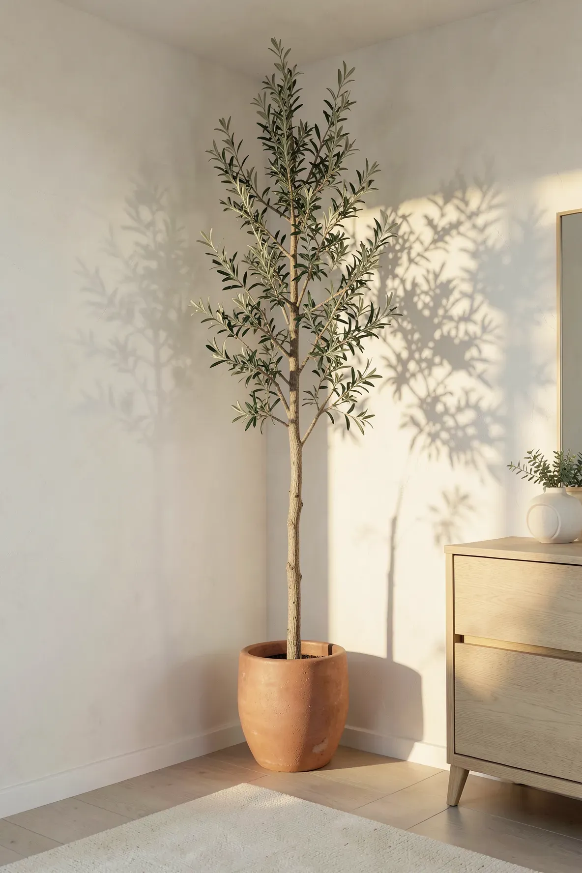 A tall olive tree in a textured pot stands in the corner of a bright, neutral-toned baby room.