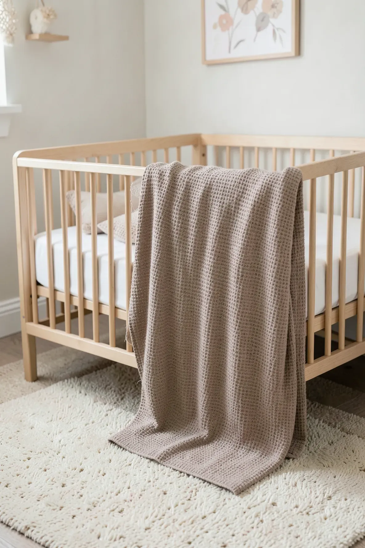 An oatmeal-colored waffle knit blanket draped over a light wood crib in a cozy neutral nursery.
