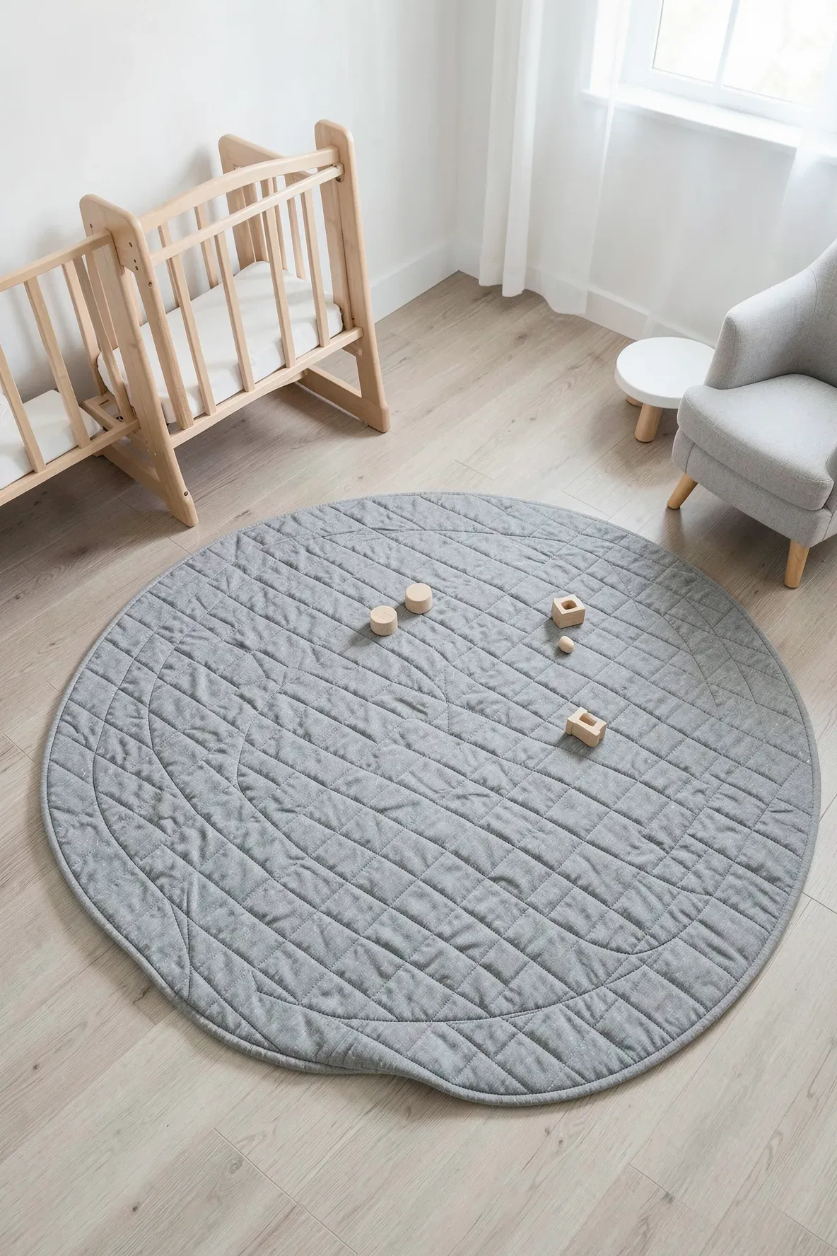 A stone grey quilted play mat with diamond stitching on the floor of a modern neutral nursery.
