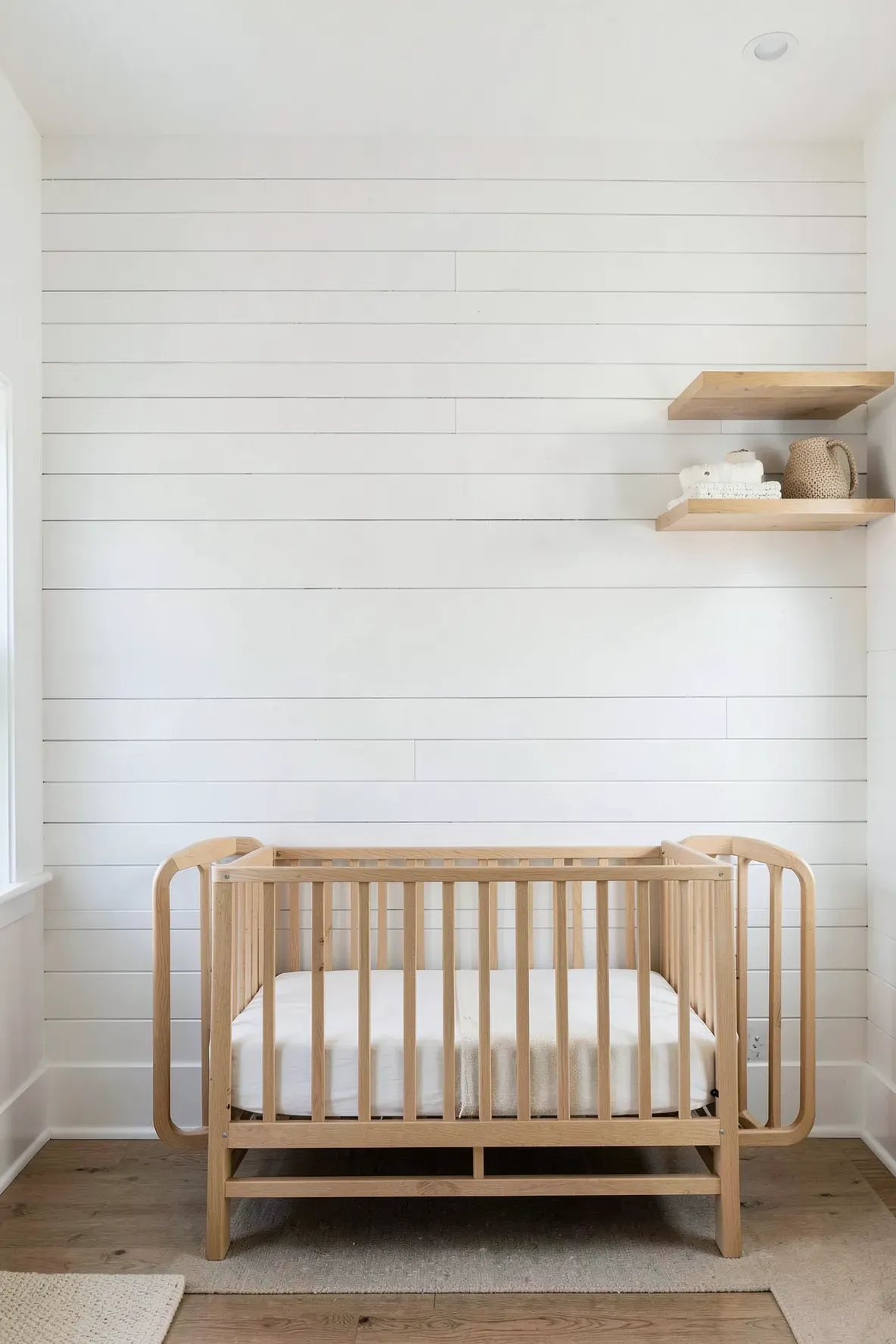 A white shiplap accent wall adds texture and a farmhouse feel to a bright, neutral baby bedroom.