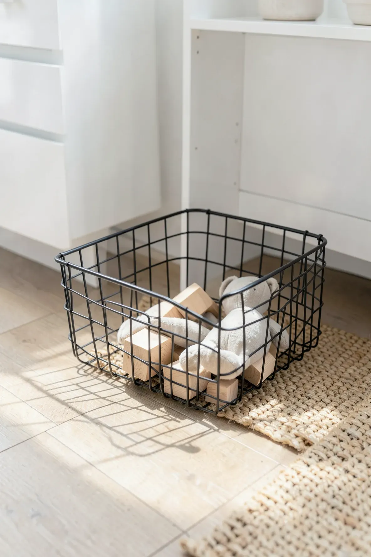 A minimalist black wire basket stores wooden toys in a clean, neutral-themed baby room.