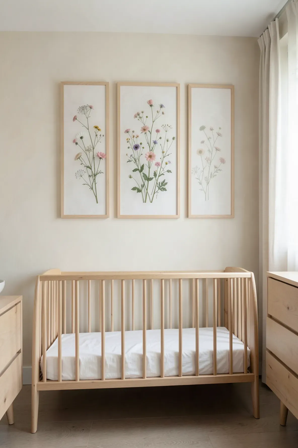 Three light wood frames with pressed flowers hanging on a cream wall in a minimalist baby nursery.