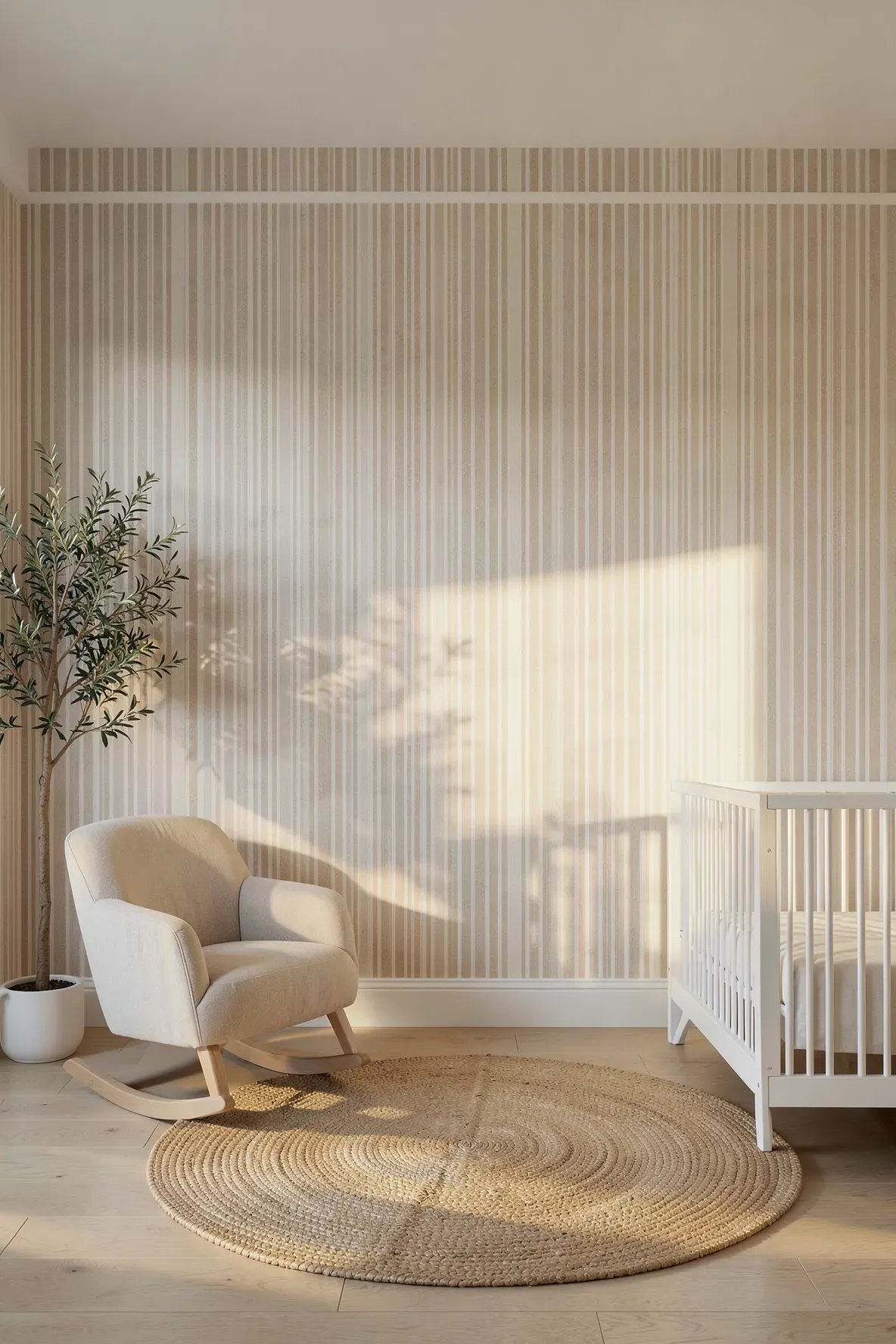 A baby nursery with subtle beige striped wallpaper, an upholstered rocker, and a jute rug.