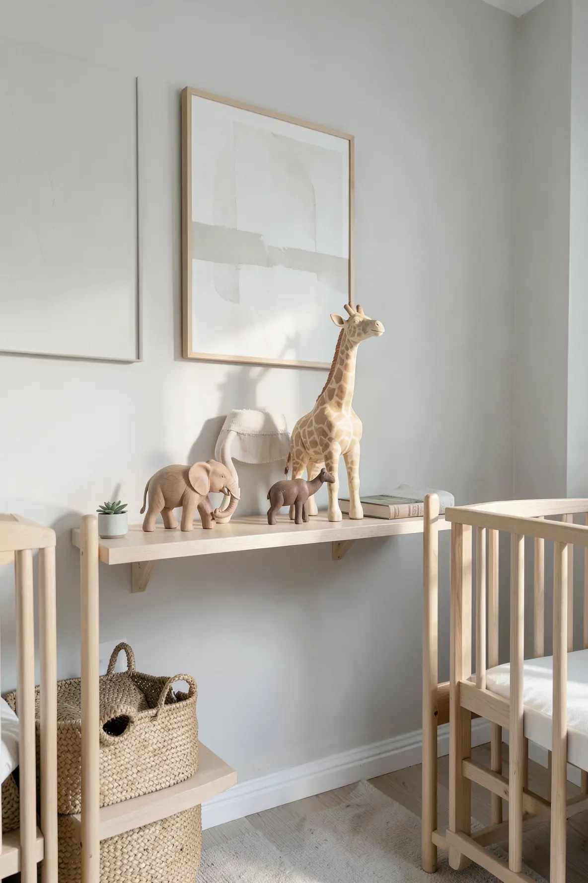 Hand-carved wooden animal toys on a shelf in a neutral-toned, minimalist baby bedroom.