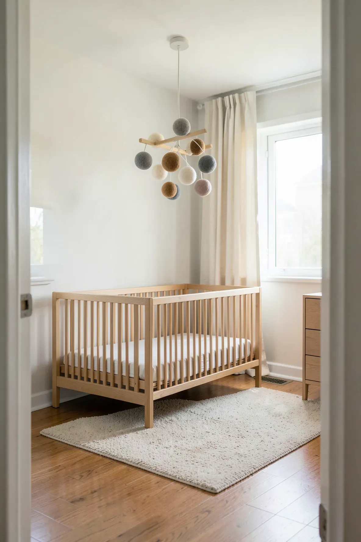An earth-toned felt ball mobile hanging over a light wood crib in a bright, neutral nursery.