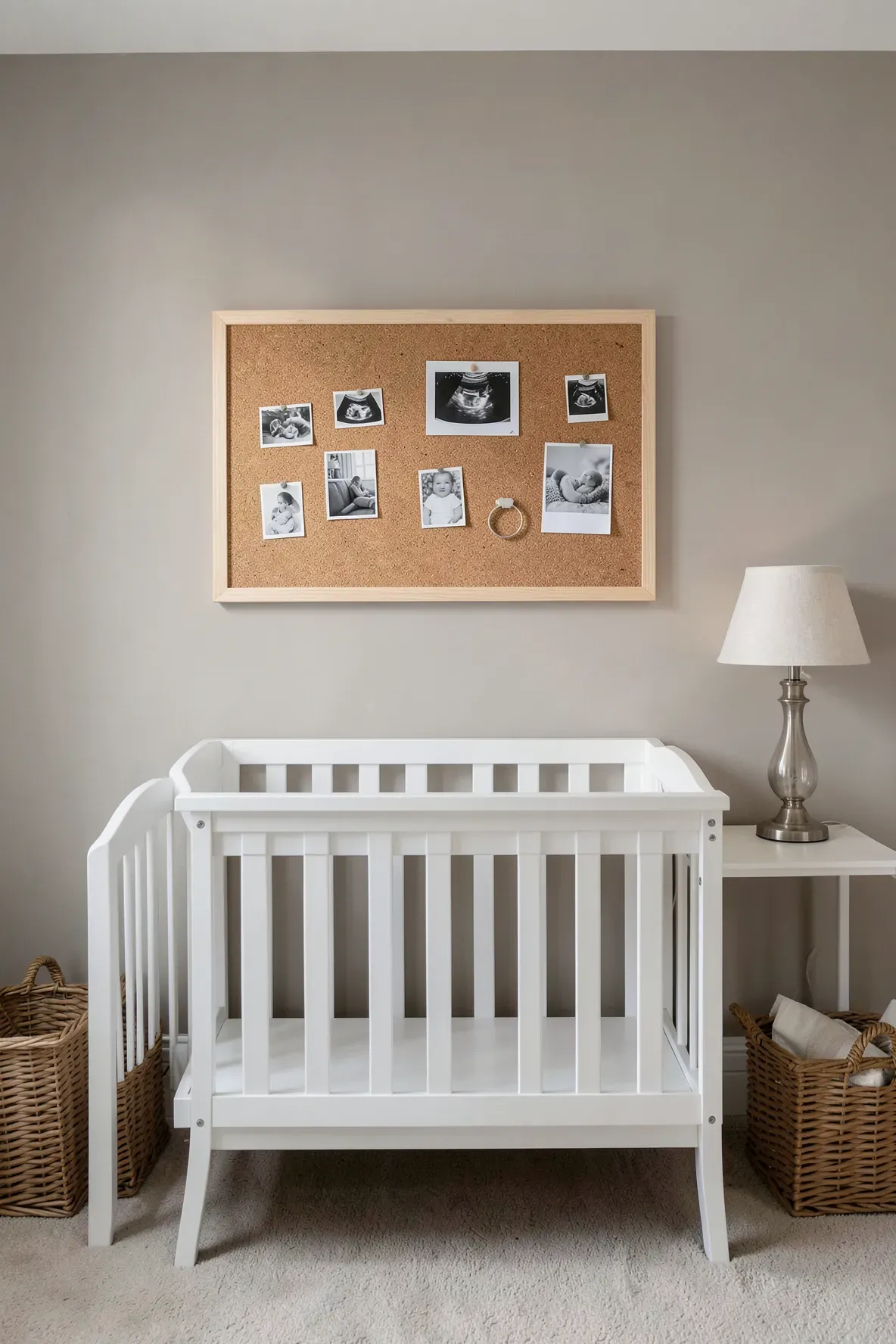 A wooden-framed cork board with sonograms hanging above a white changing table in a nursery.