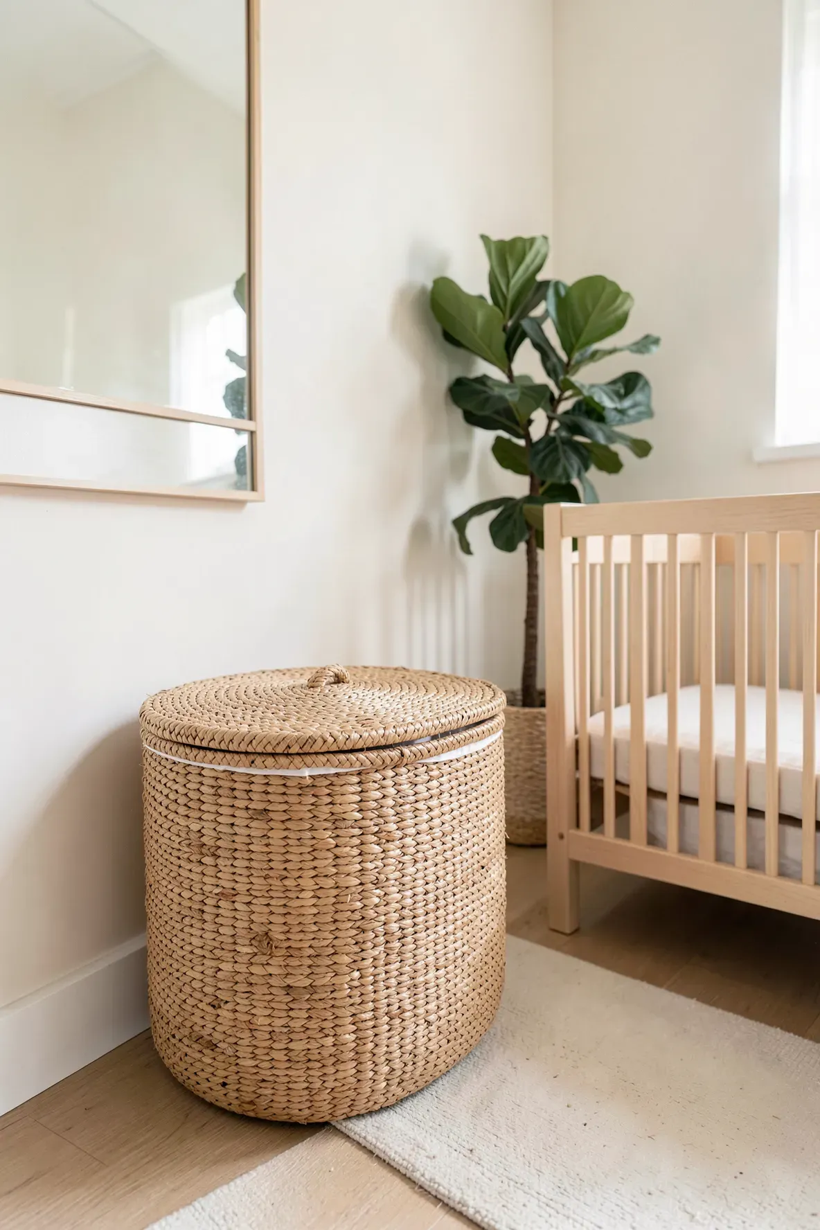 A large woven seagrass hamper with a lid in the corner of a bright, neutral baby nursery.
