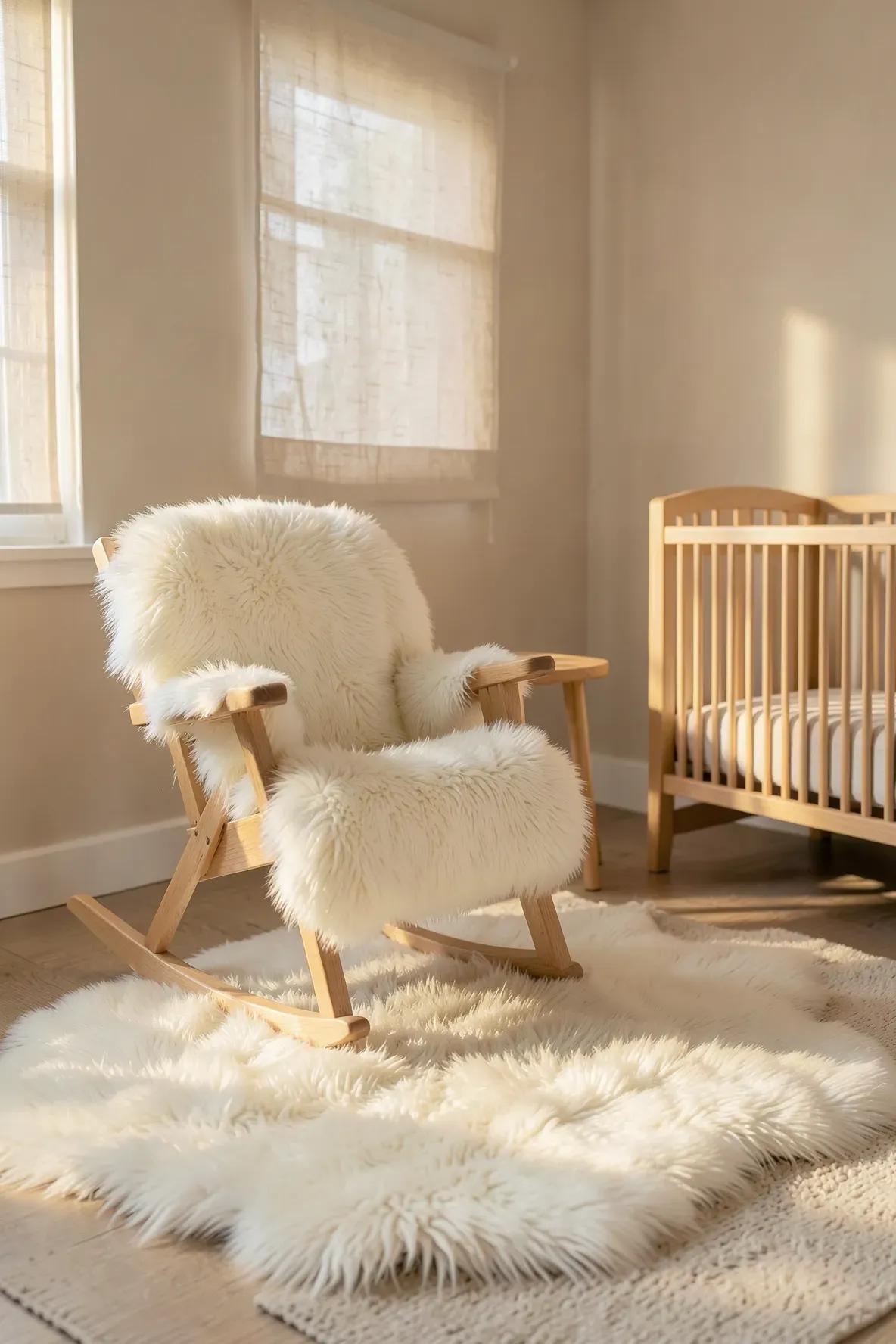A soft white sheepskin rug draped over a light wood rocking chair in a cozy neutral nursery.