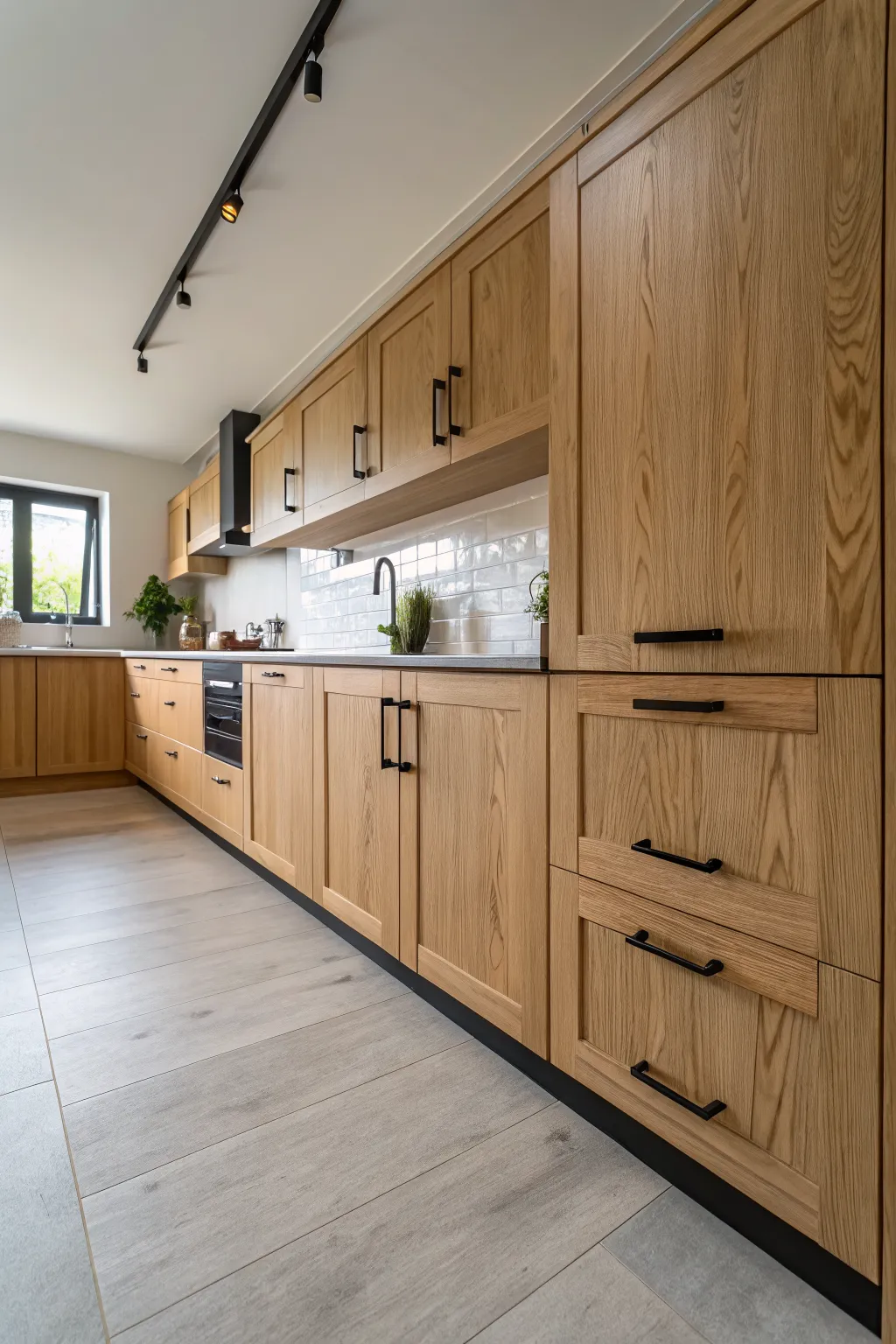 A bright Scandi Boho kitchen featuring light oak cabinets with modern matte black handles.