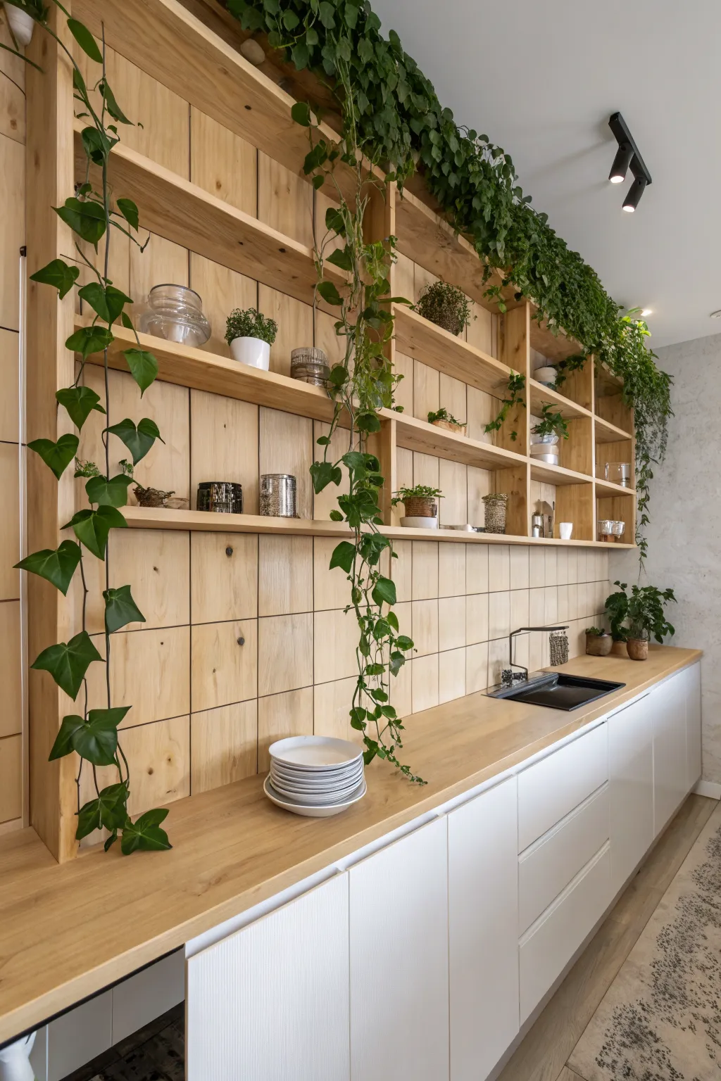 Open pine shelves with green trailing plants in a bright, airy Scandinavian kitchen.