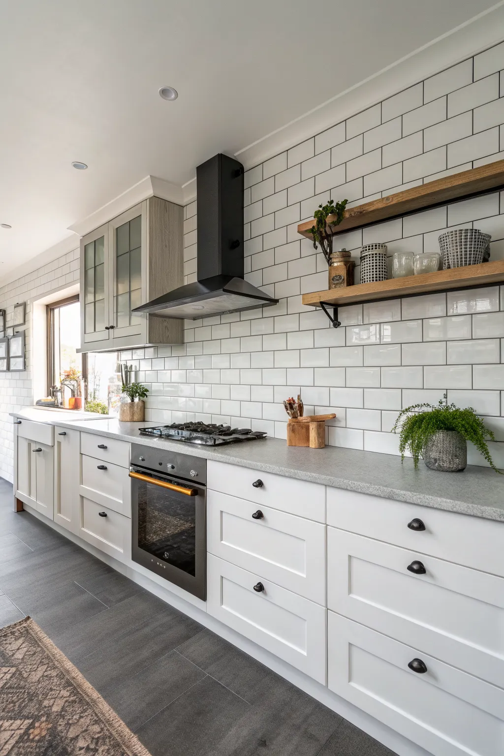 White subway tile backsplash with dark grey grout in a modern Scandi kitchen.