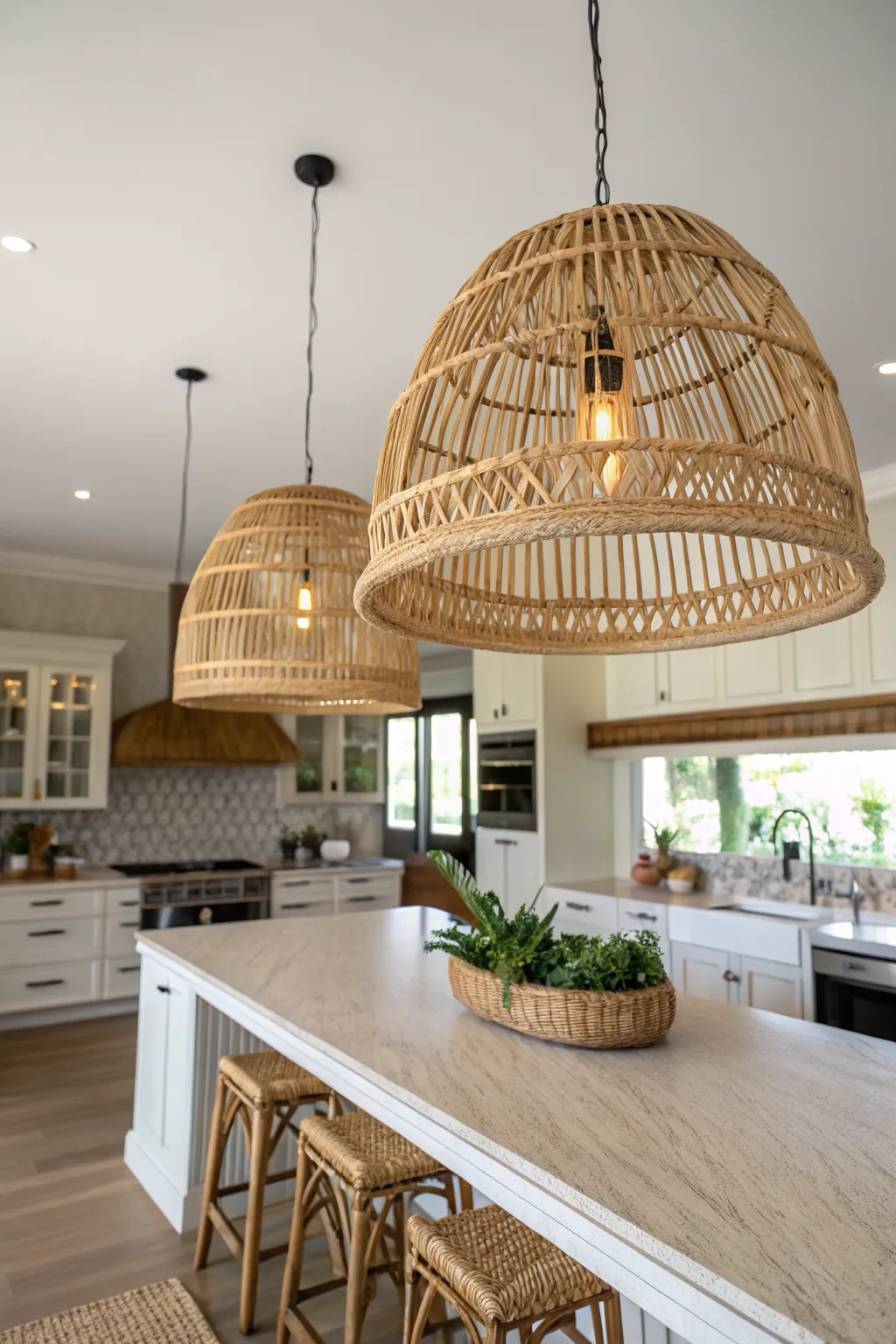 Large woven rattan pendant lights hanging over a kitchen island in a boho-style home.