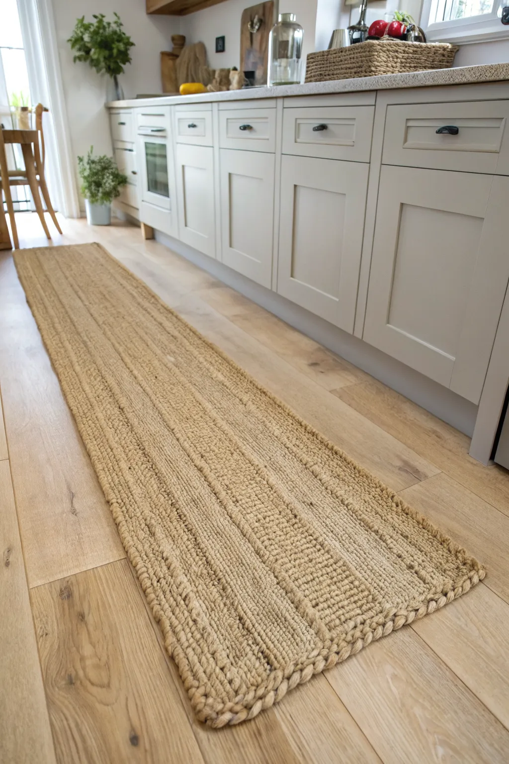 A natural jute runner rug on light wood floors in a minimalist Scandinavian kitchen.