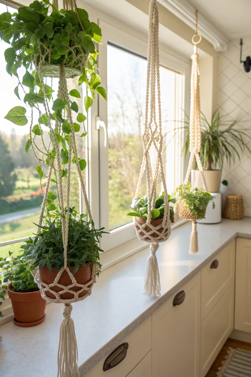 Bohemian macramé plant hangers with green plants in a sunny kitchen window corner.