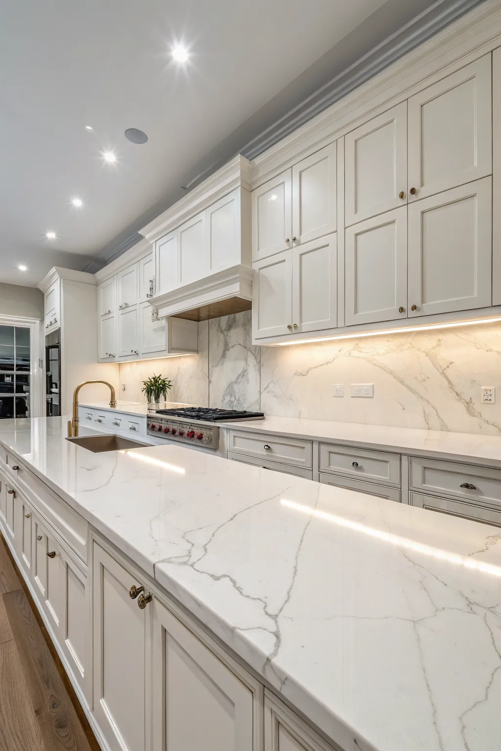 Clean white stone countertops with eased edges in a bright minimalist Scandi kitchen.