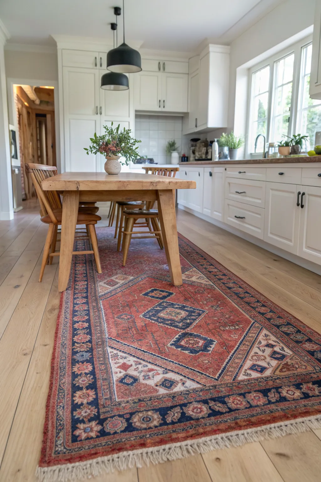 A faded red and blue vintage Persian rug under a light wood table in a bright white Scandi kitchen.