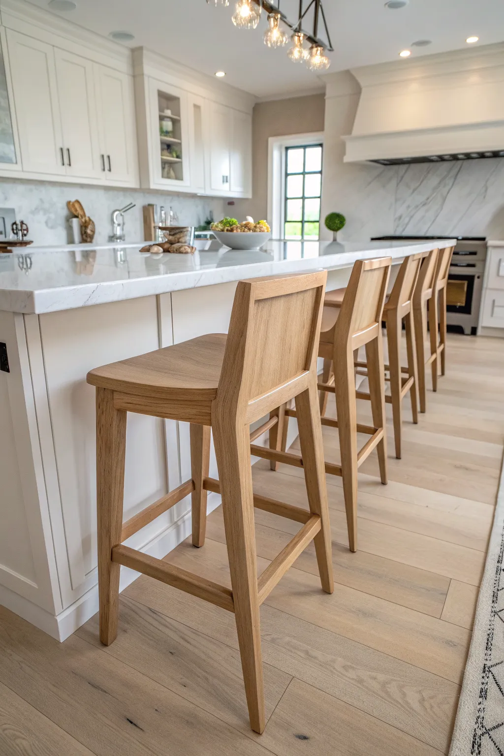 Three unfinished wood bar stools with tapered legs at a white marble kitchen island.
