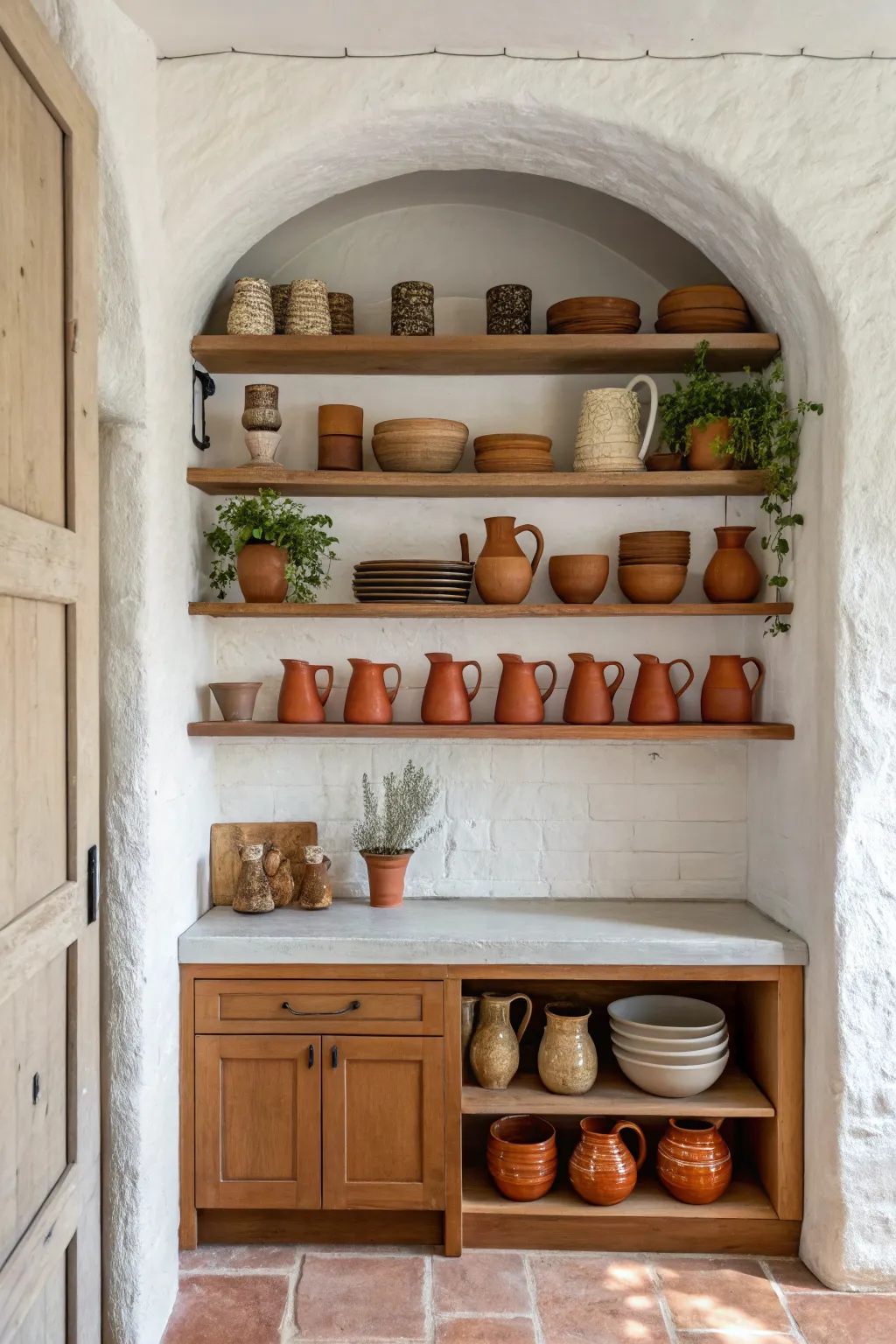 Handmade terracotta pitchers and mugs arranged on floating wooden shelves in a white kitchen.