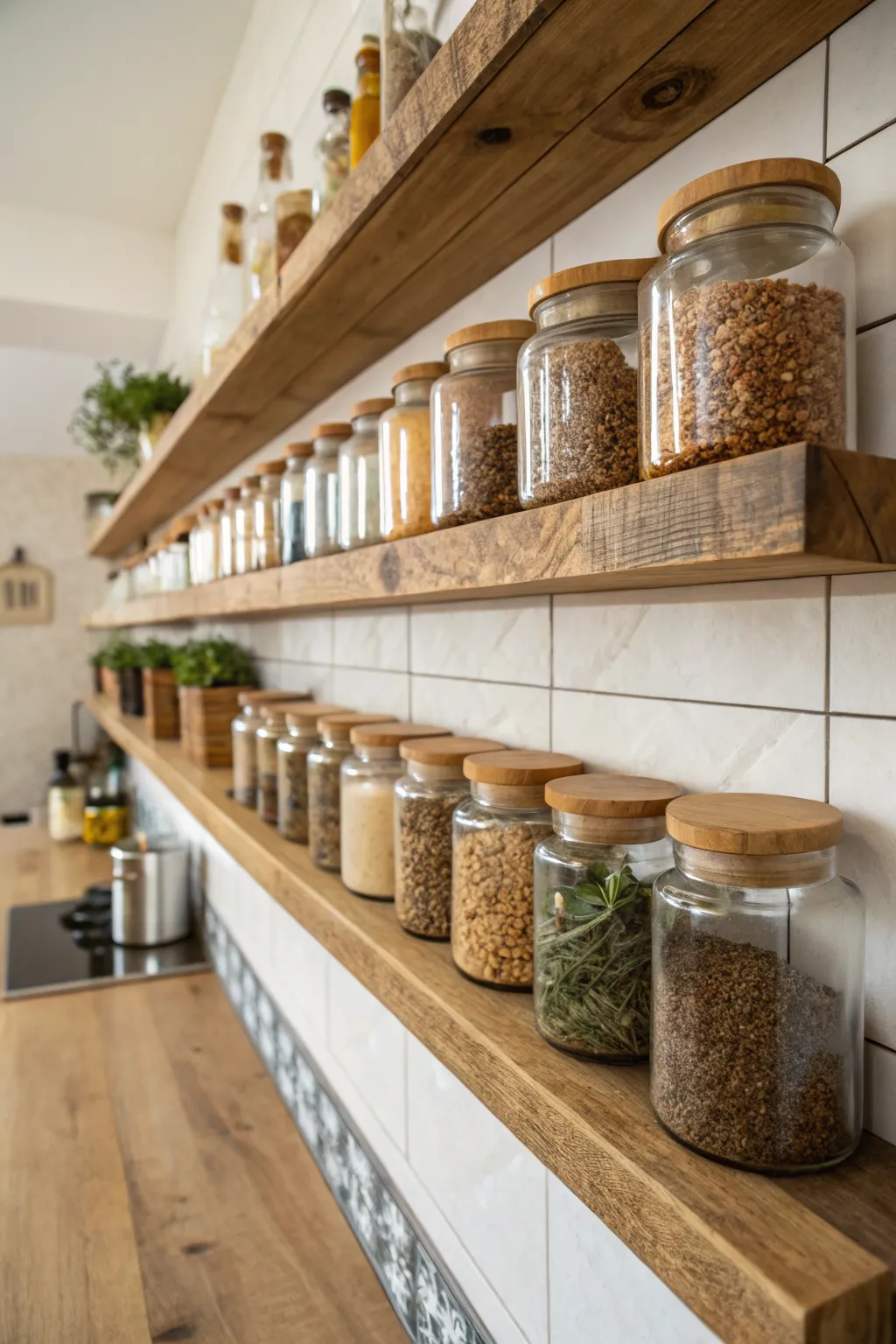 Floating wood shelves with glass spice jars and wooden lids against a white tiled kitchen wall.