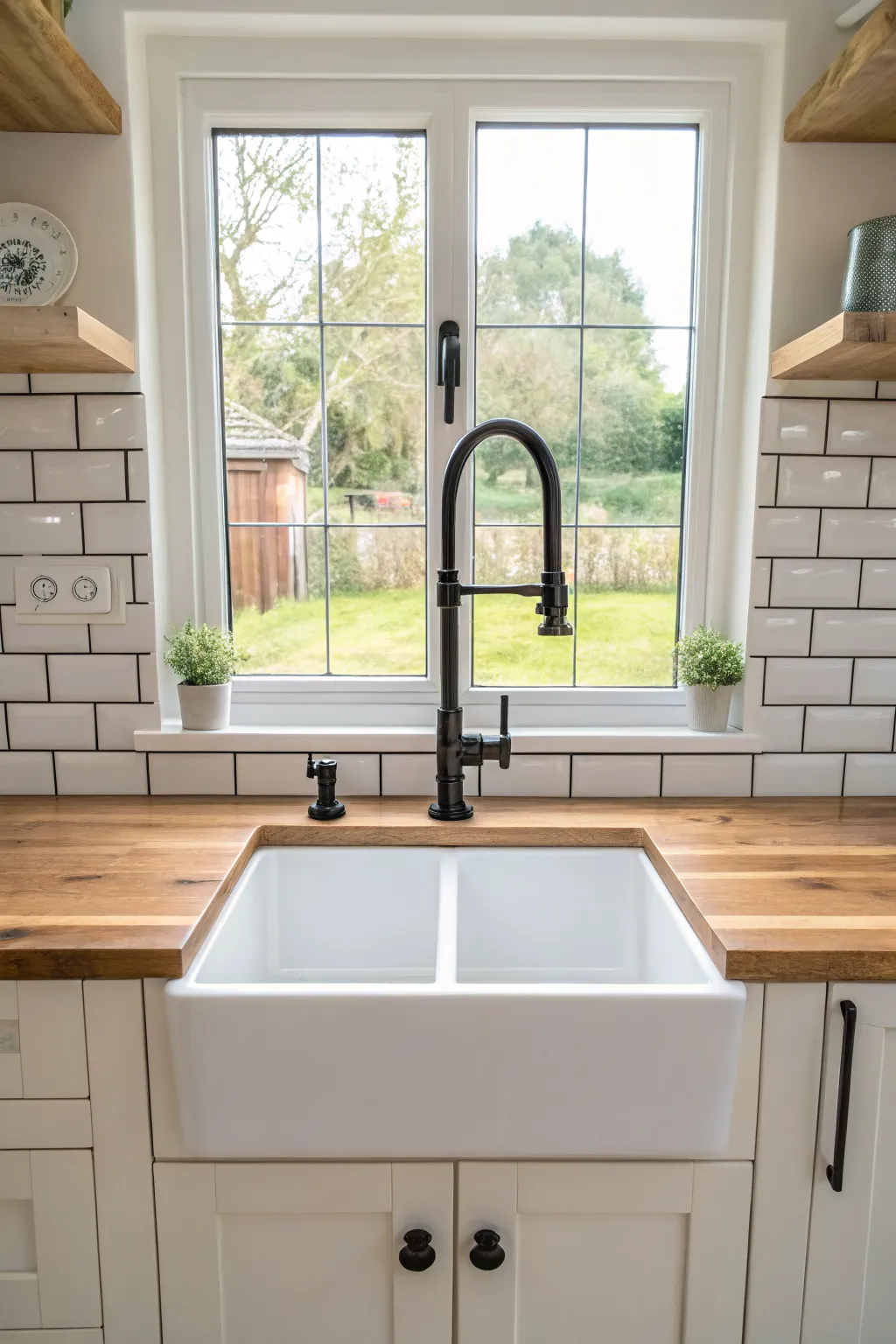 A matte black gooseneck faucet over a white farmhouse sink in a bright, modern kitchen.