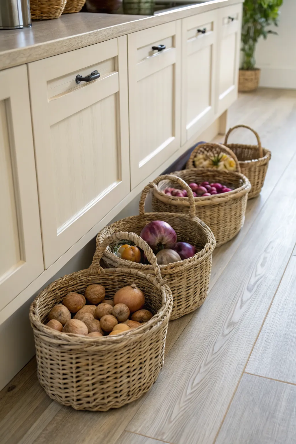 Woven seagrass baskets filled with potatoes and onions on a light wood kitchen floor.