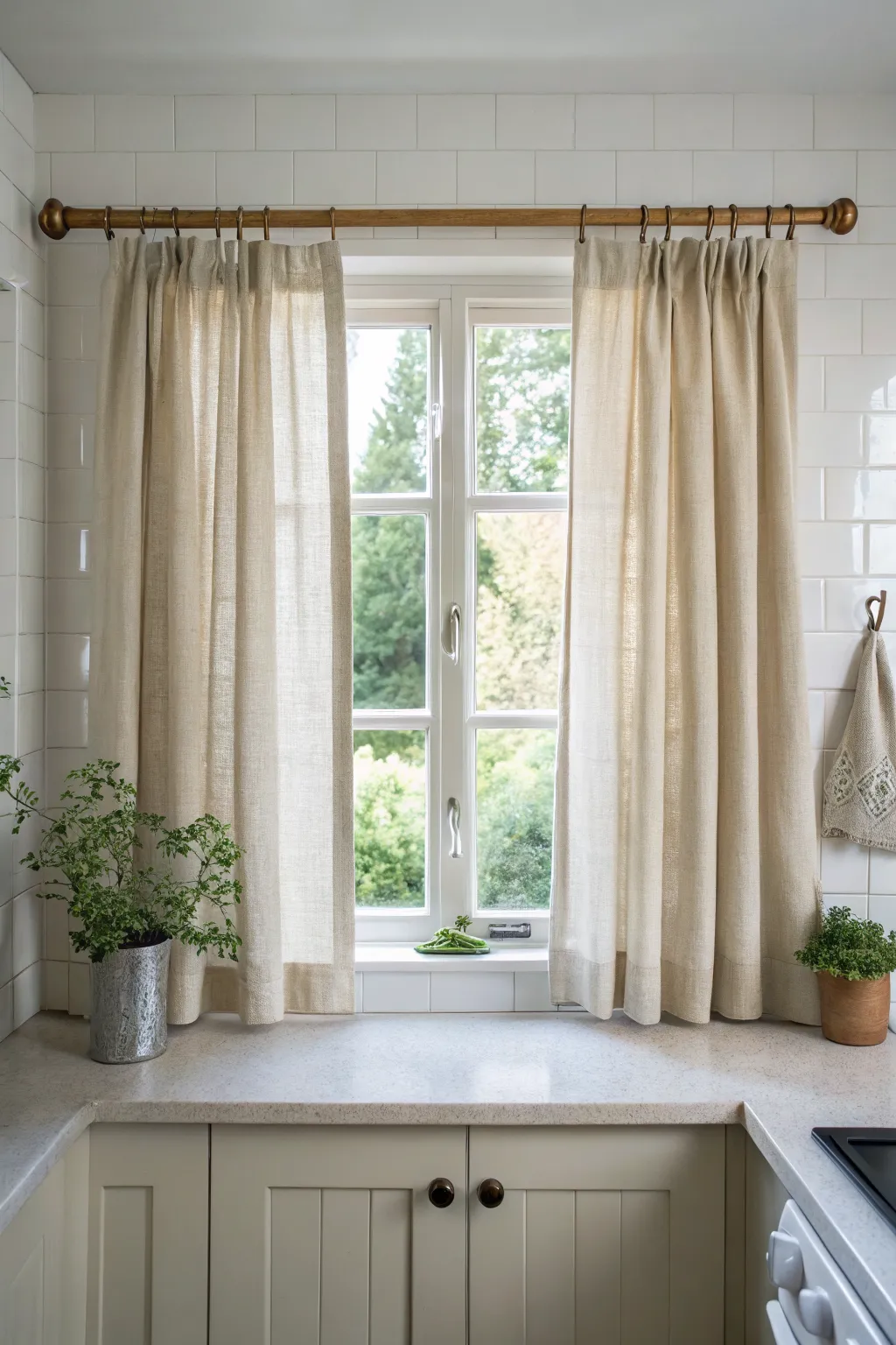 Beige linen curtains on a wooden rod filtering soft light in a minimalist white kitchen.
