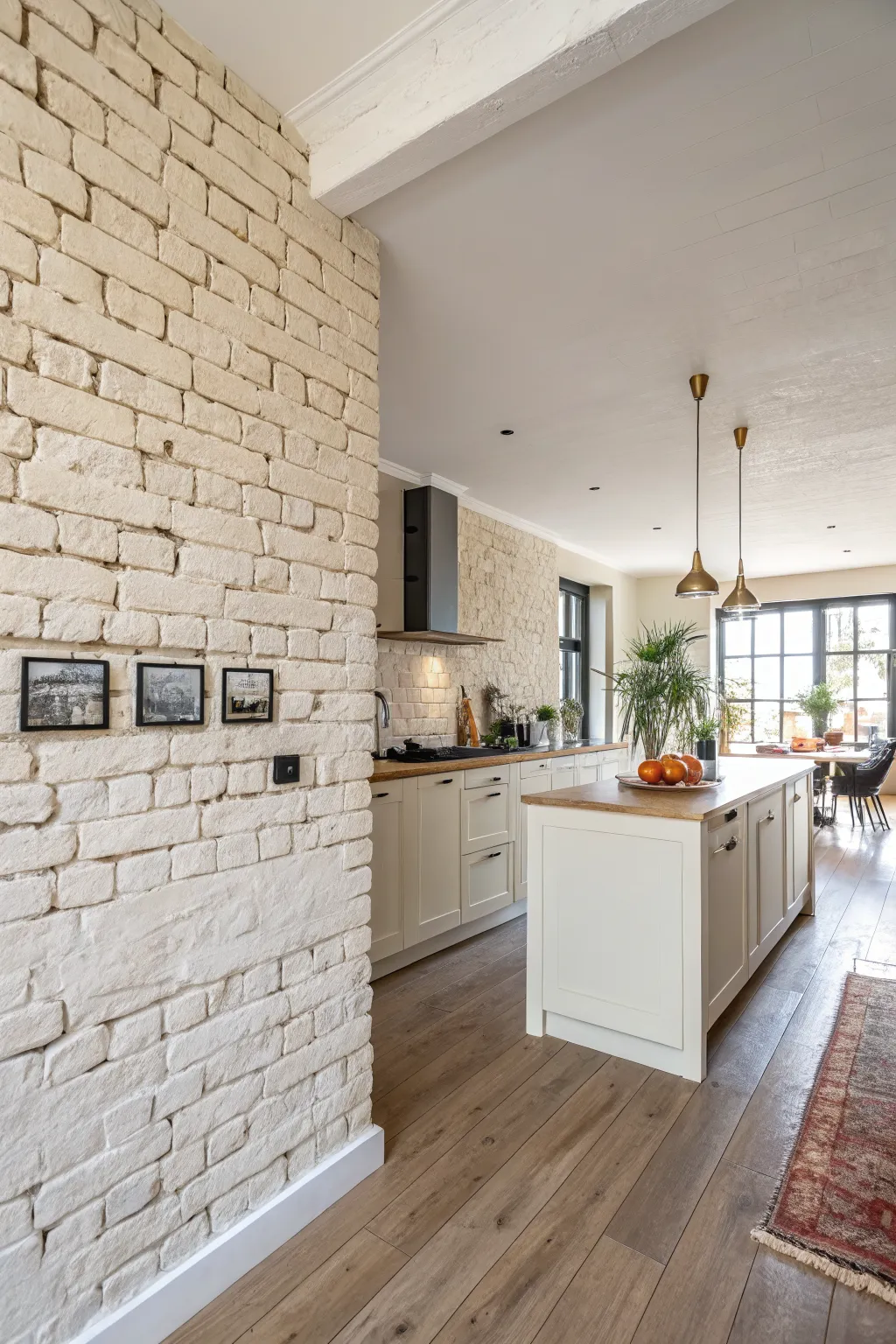 A bright Scandi Boho kitchen featuring a textured exposed brick wall painted in soft off-white.
