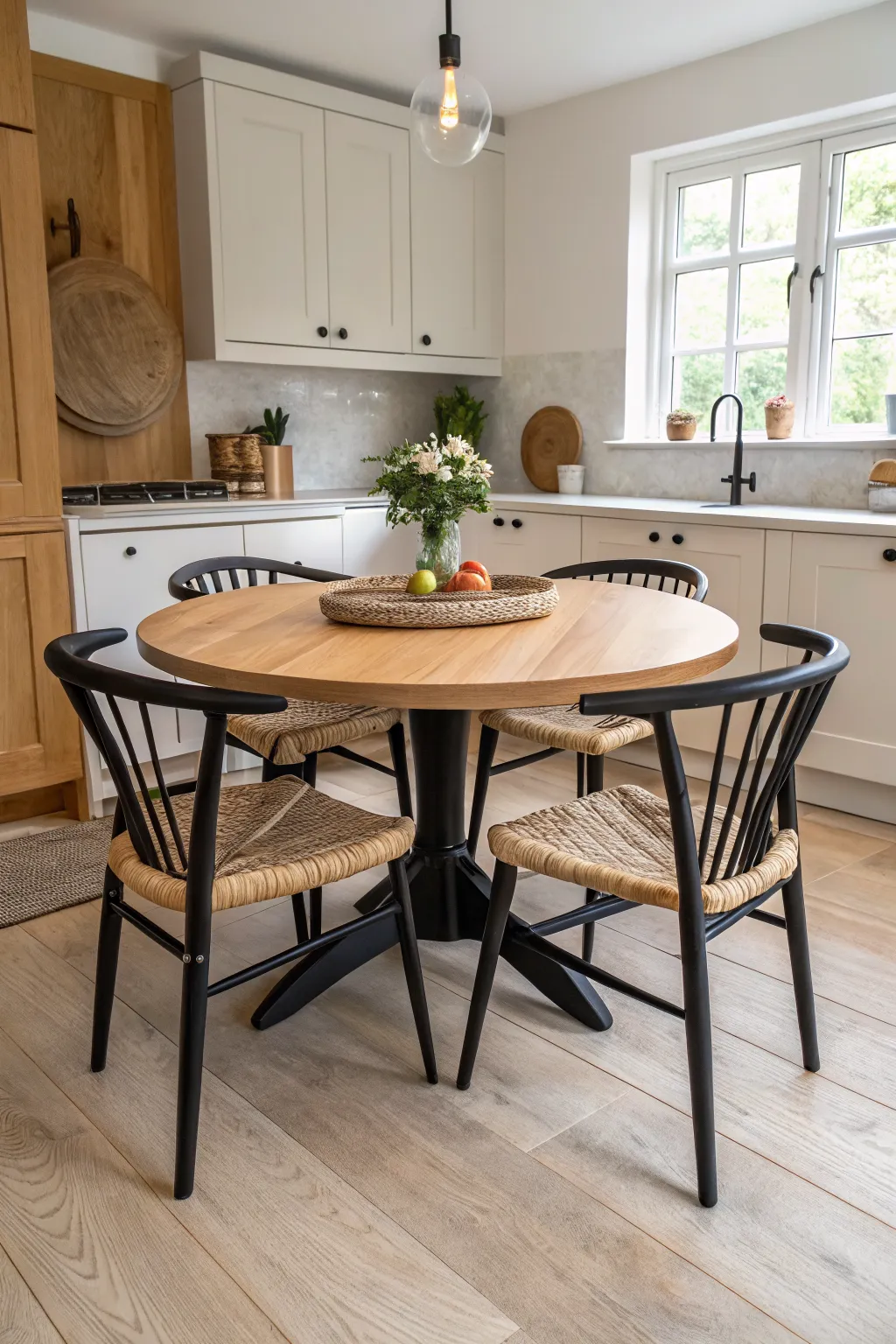 A round wooden dining table with black wishbone chairs in a sunlit Scandinavian kitchen.