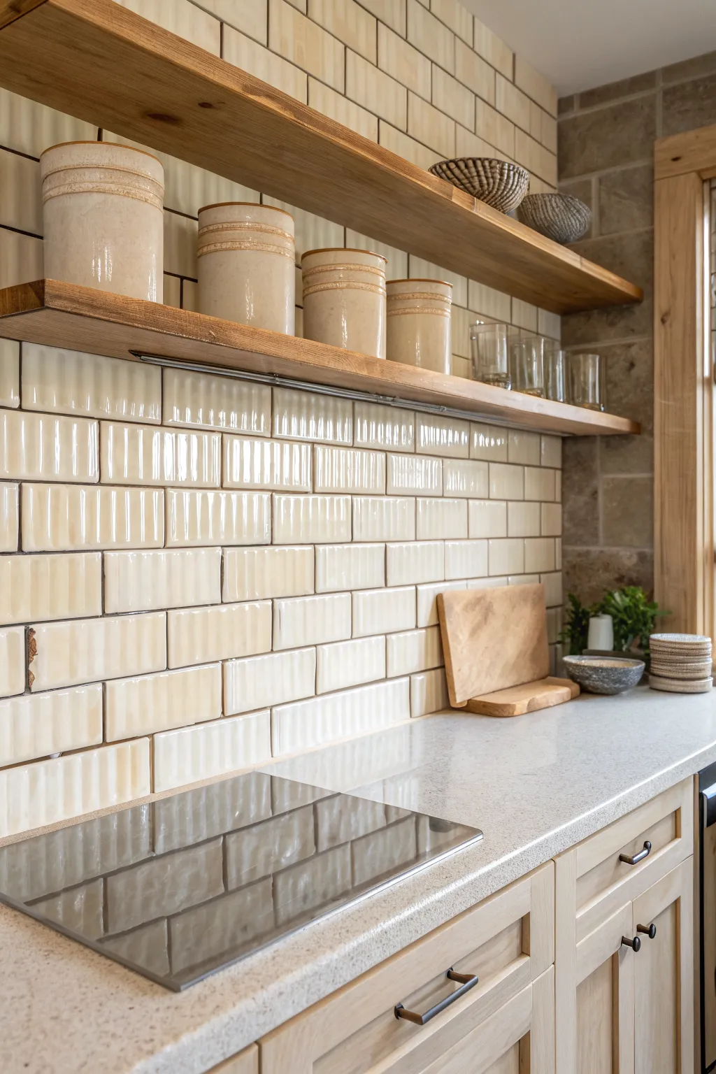 Vertically stacked handmade cream tiles with uneven edges on a kitchen backsplash.