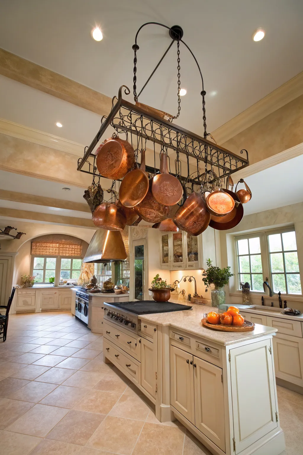 Polished copper pots hanging from a ceiling rack in a bright, modern Scandi kitchen.
