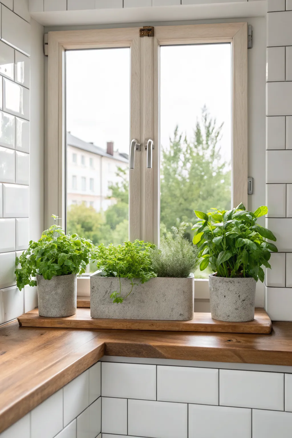 Fresh herbs in grey concrete pots sitting on a sunlit wooden kitchen windowsill.