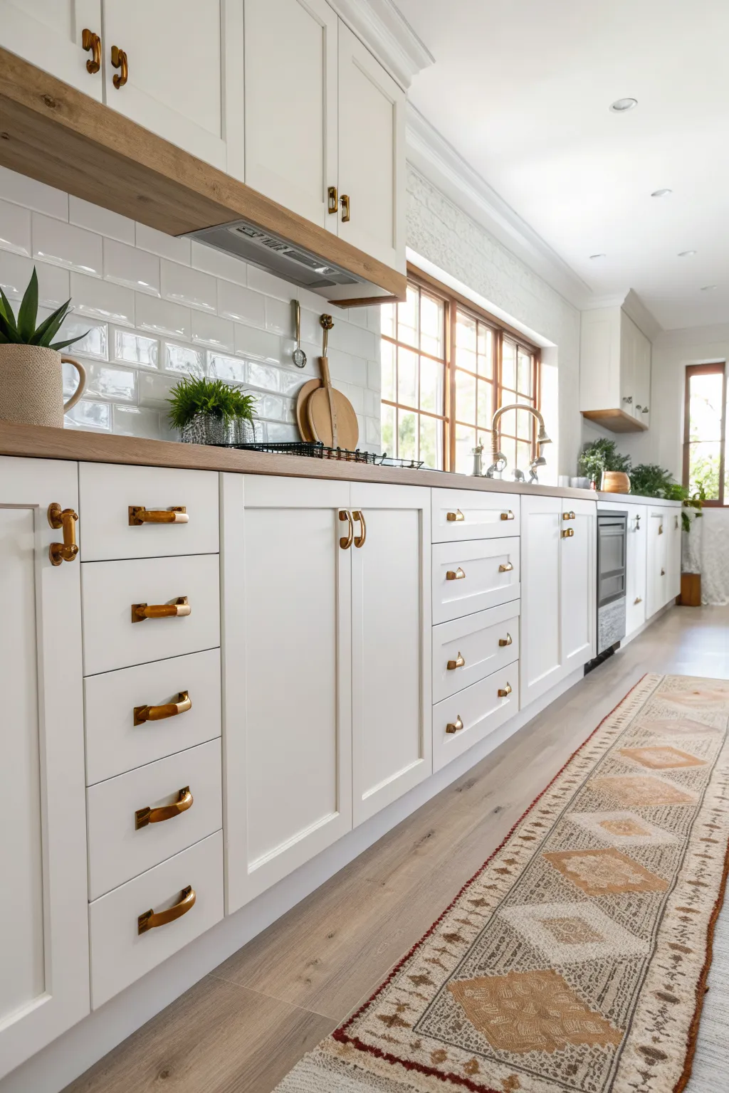 White Shaker cabinets with tan leather strap pulls in a minimalist Scandinavian kitchen.