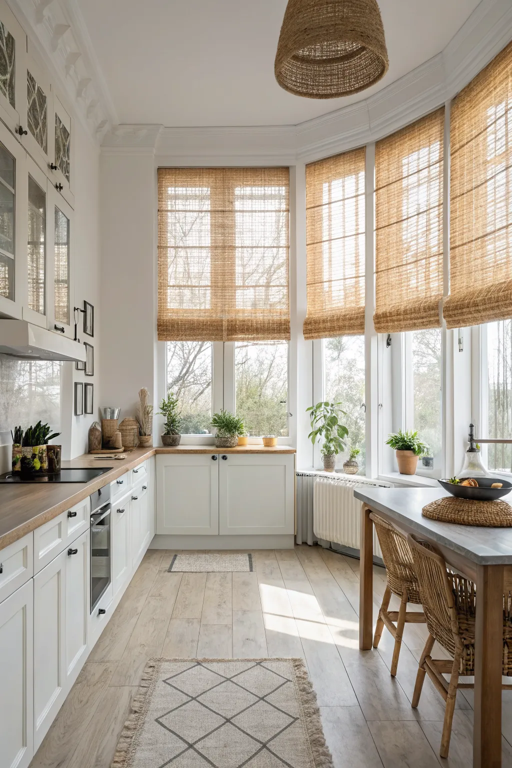 Natural woven bamboo blinds on a large window in a bright, airy Scandi Boho kitchen.