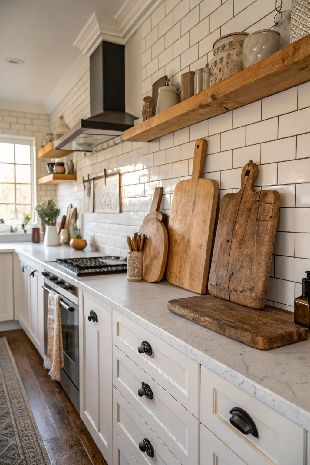 A bright Scandi-Boho kitchen featuring antique wooden bread boards leaning against a white tile backsplash.