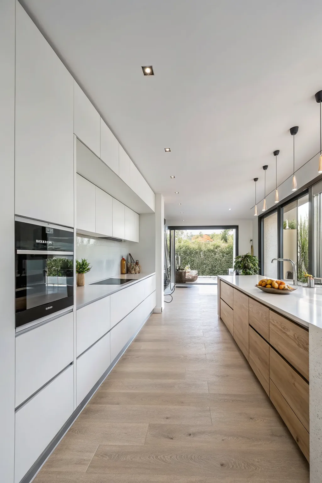 Modern Scandi kitchen with matte white floating cabinets and light oak flooring in an open-plan space.