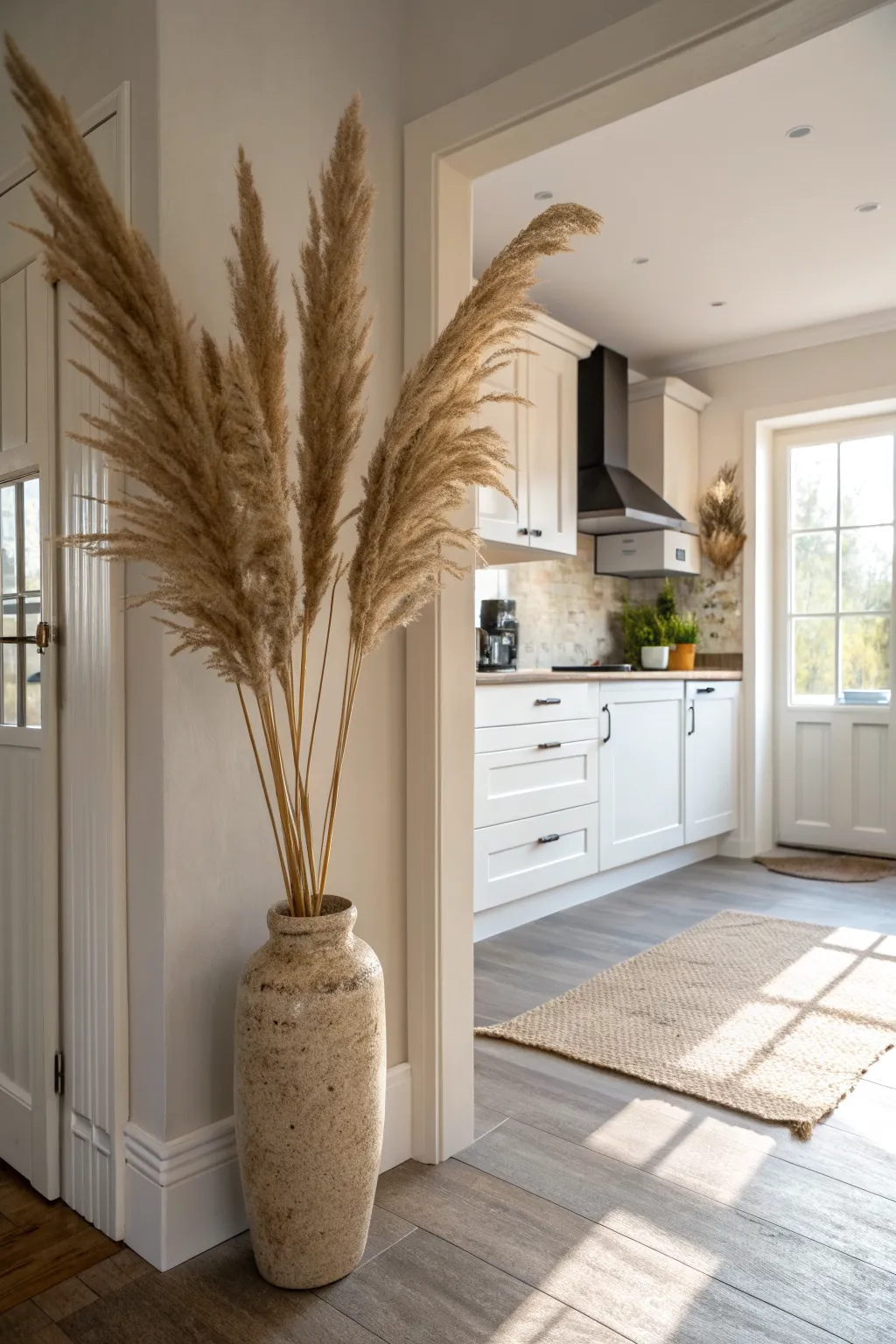 Tall dried pampas grass in a large stoneware floor vase in a bright, sunlit Scandi-Boho kitchen corner.